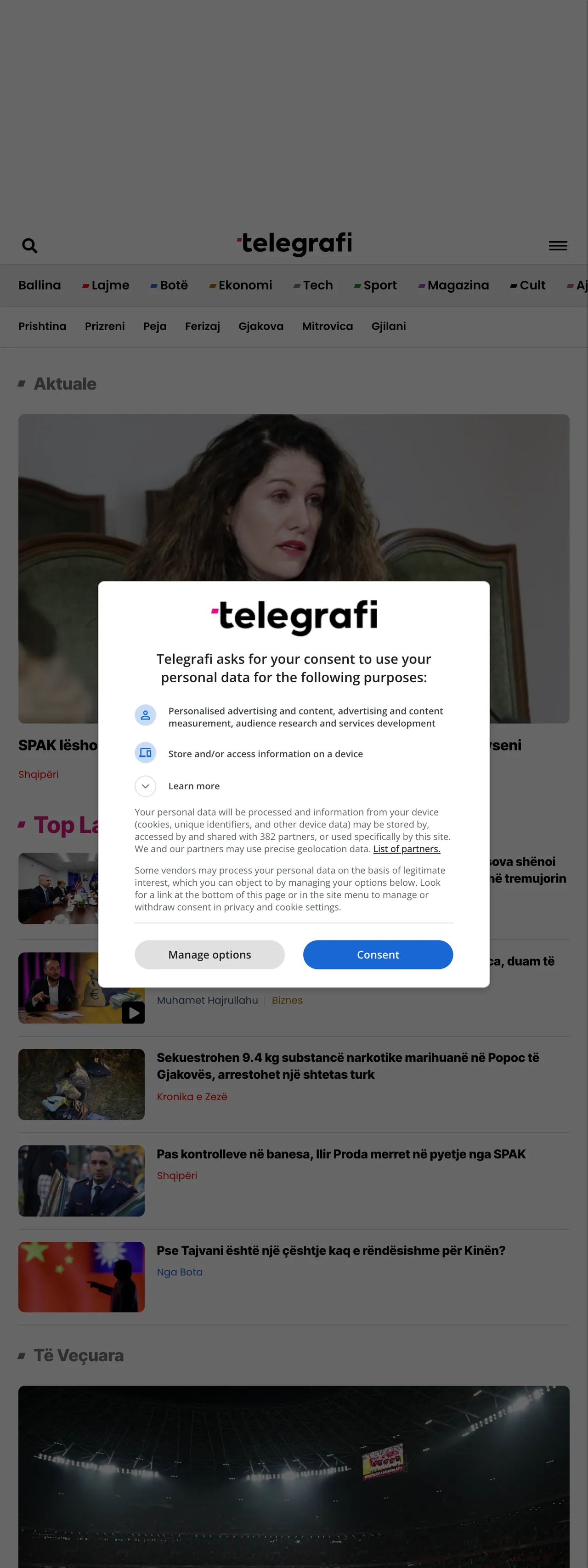 Screenshot of the Telegrafi front page
