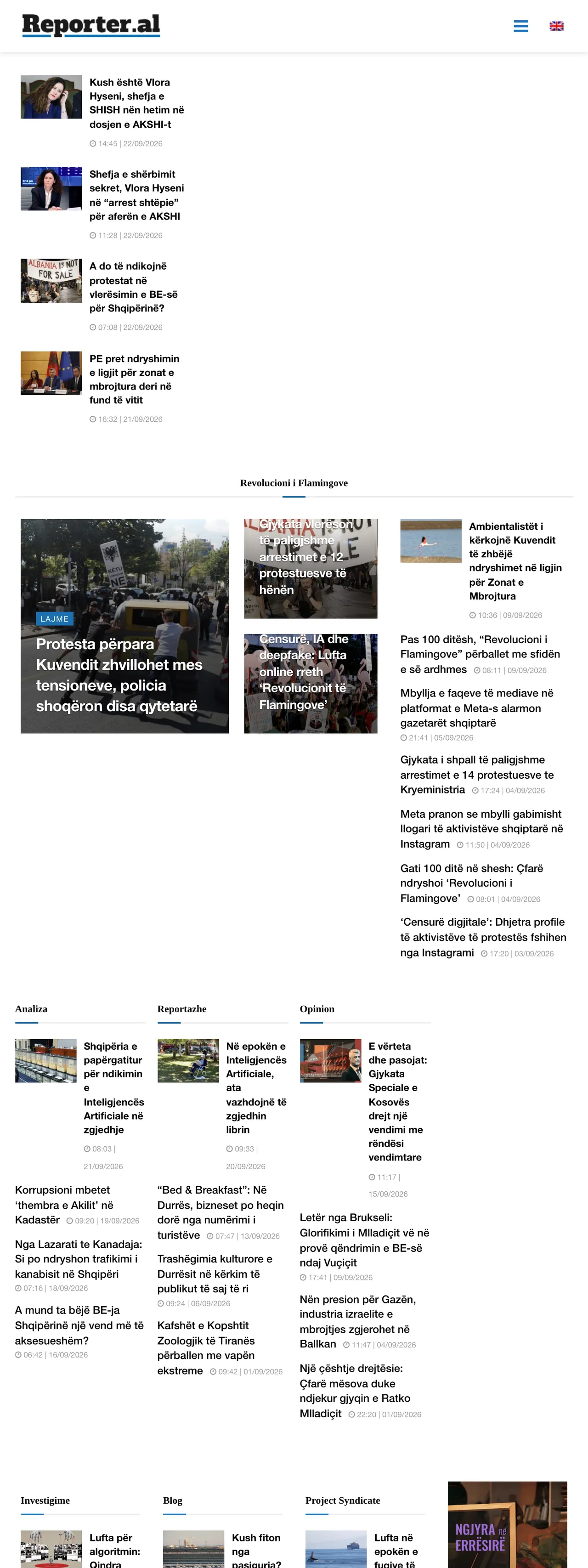 Screenshot of the Reporter.al front page