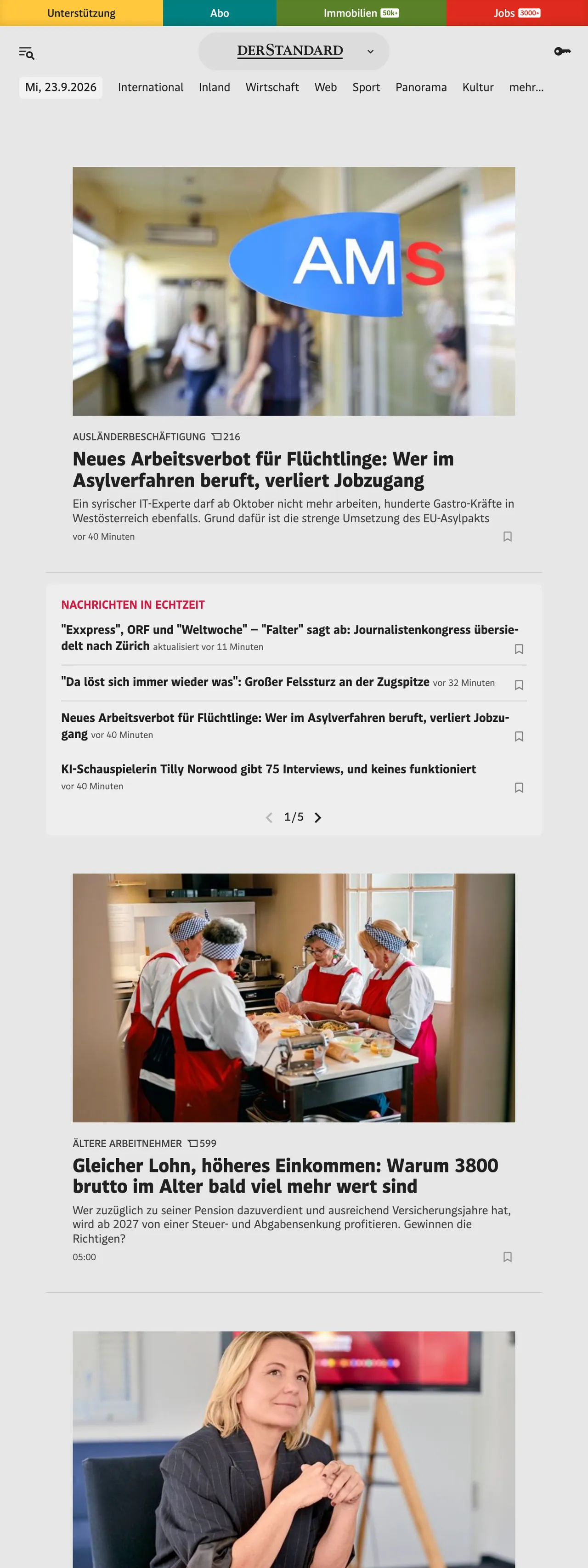 Screenshot of the DER STANDARD front page