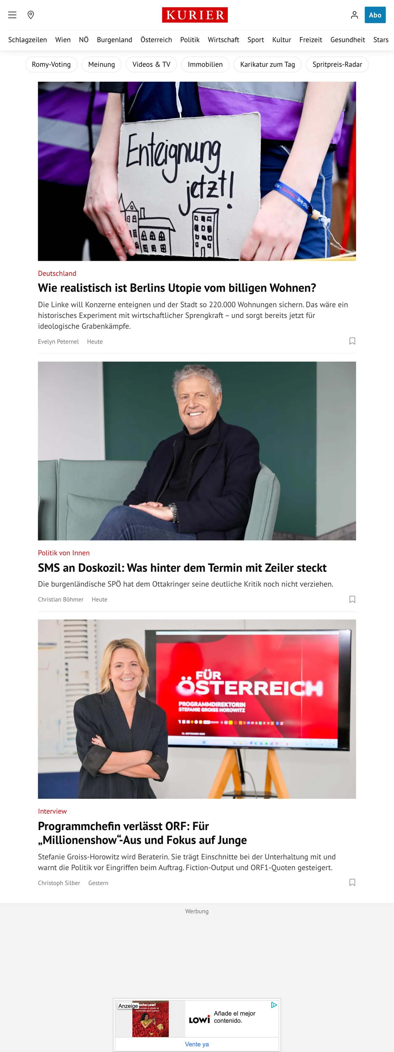 Screenshot of the Kurier front page