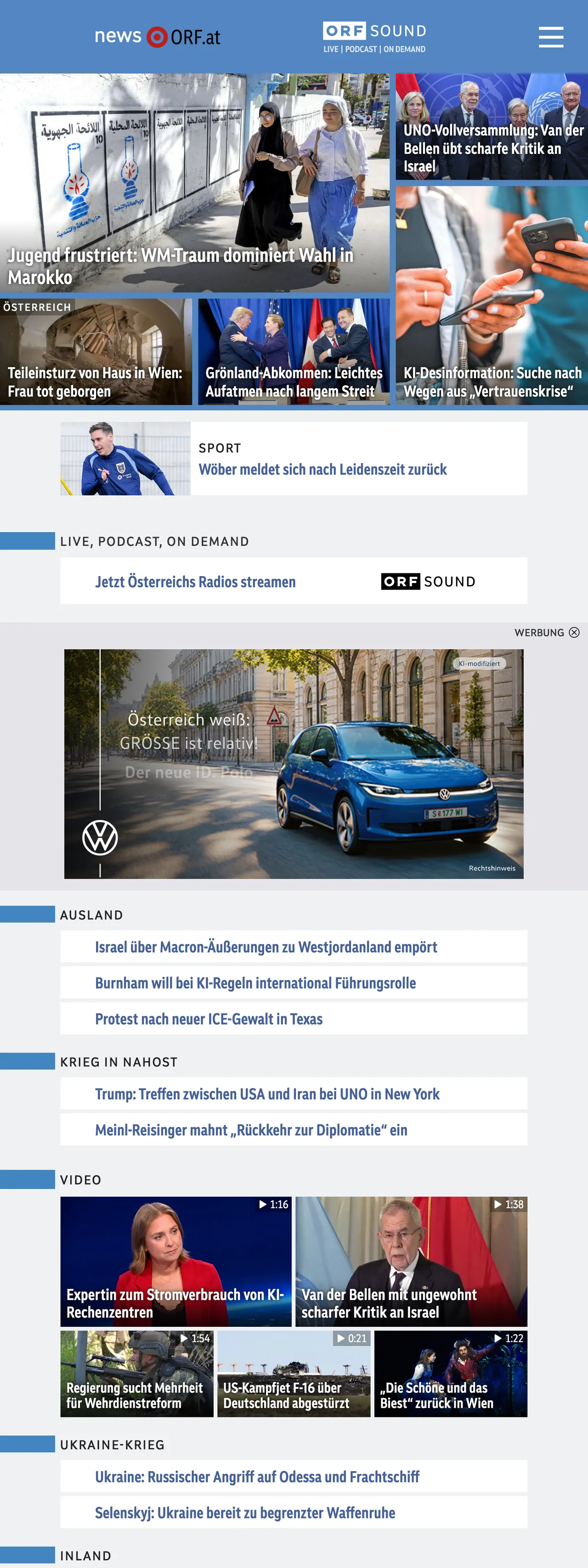 Screenshot of the ORF front page