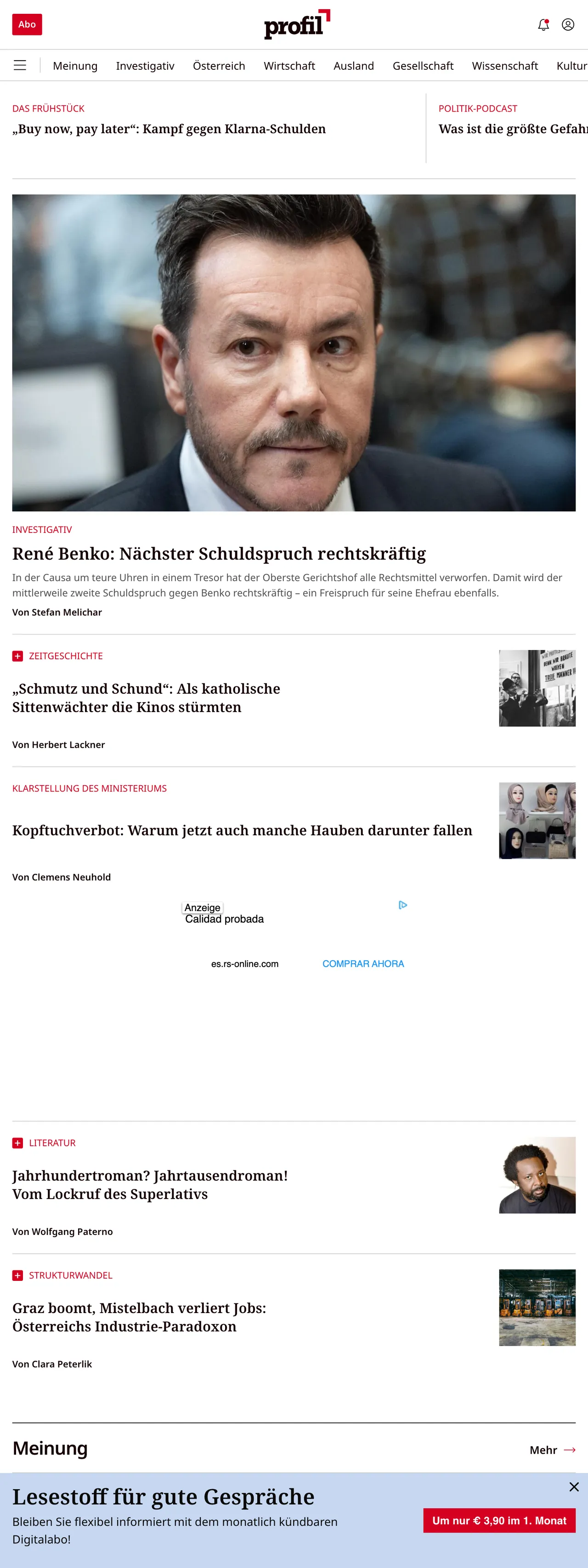 Screenshot of the profil front page