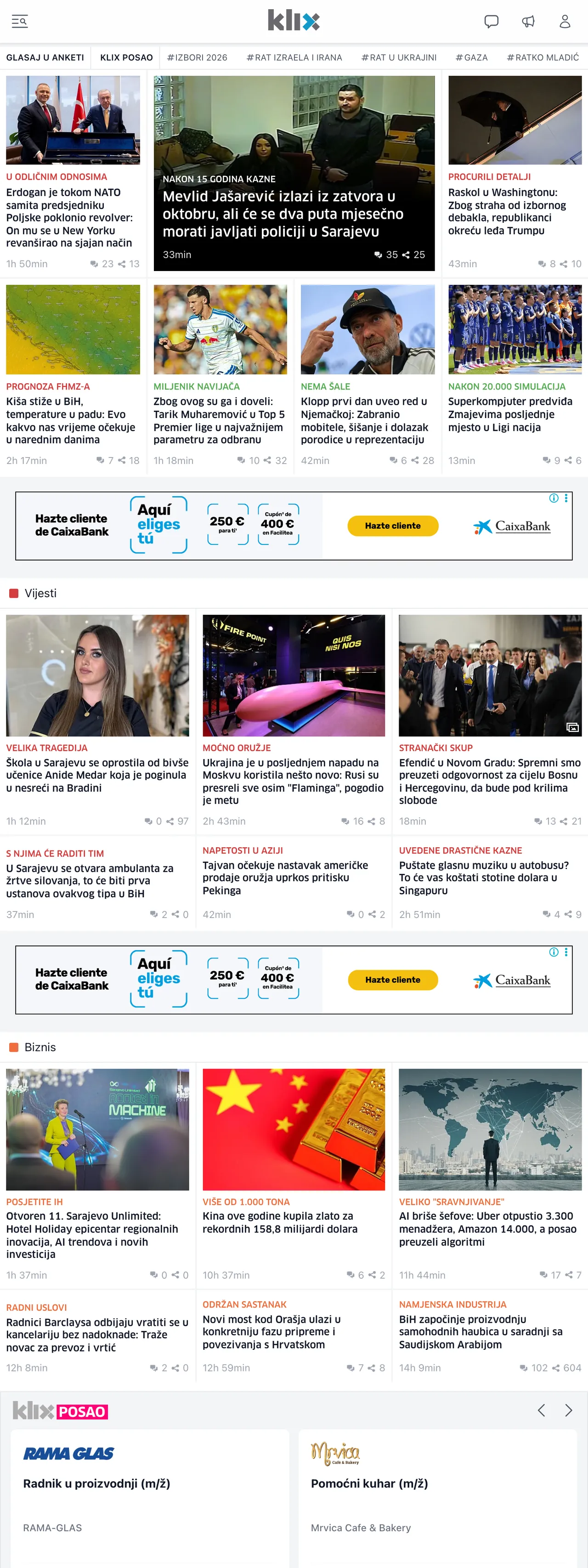 Screenshot of the Klix.ba front page
