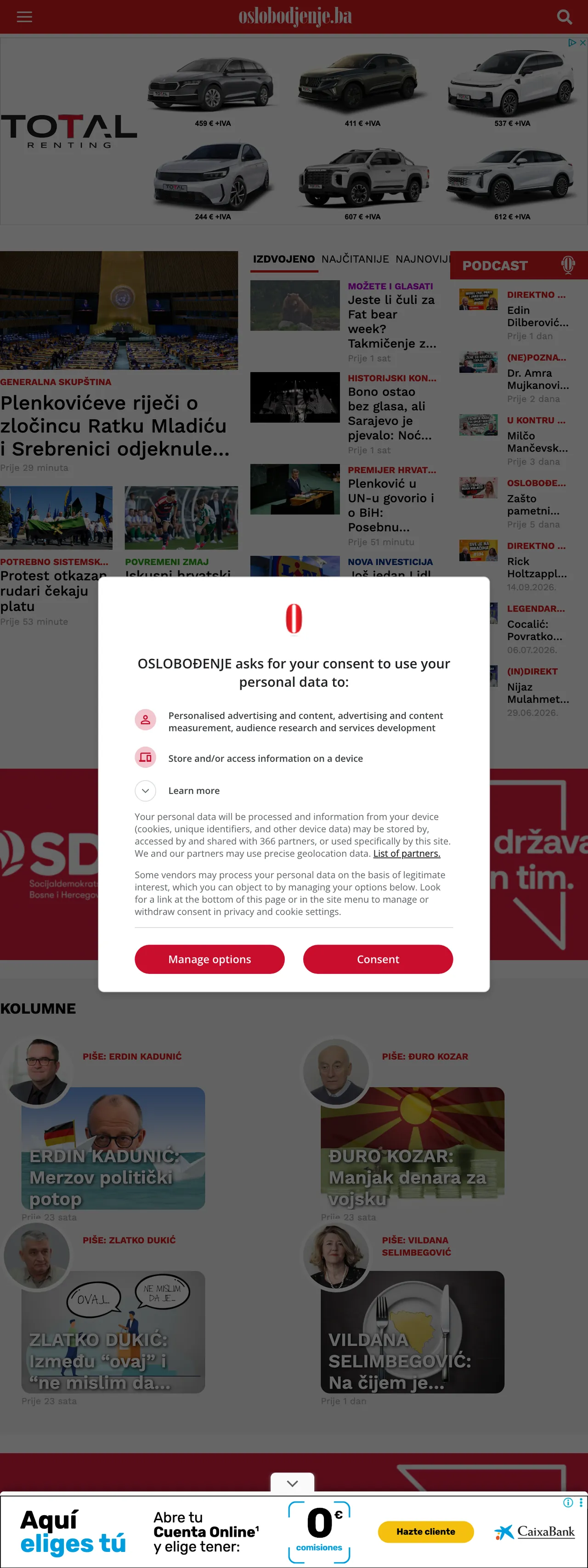 Screenshot of the Oslobođenje front page