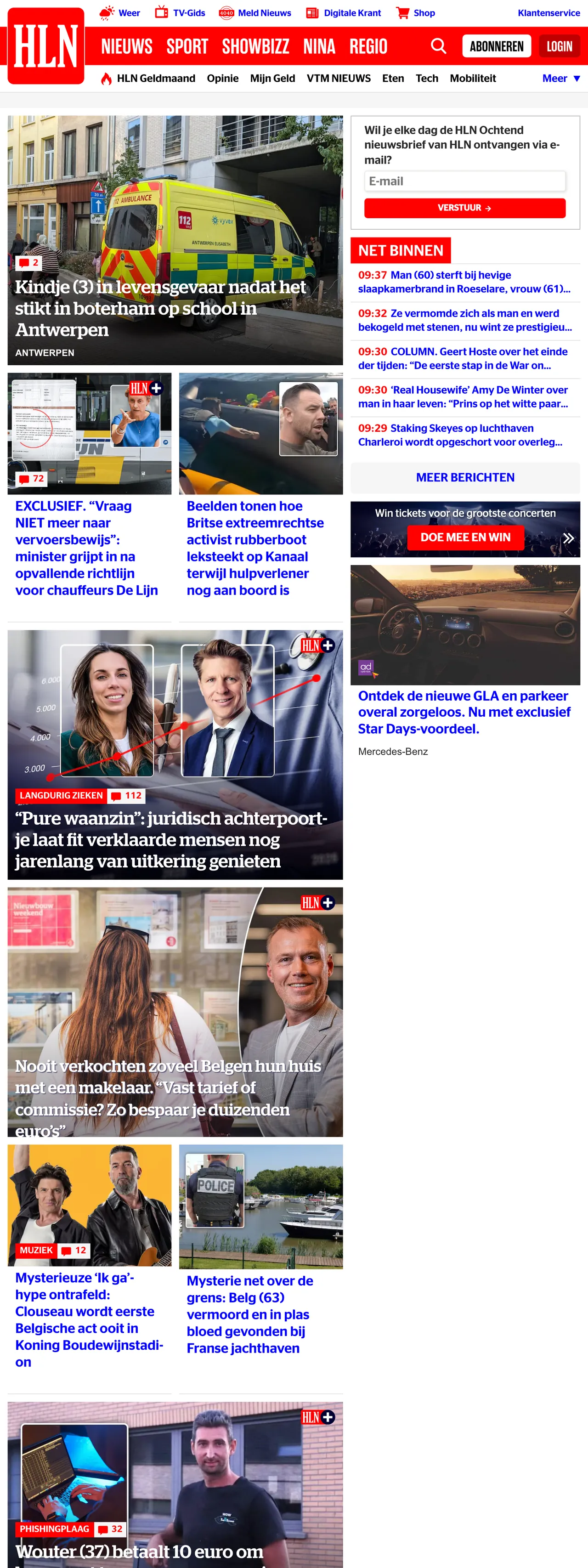Screenshot of the HLN front page