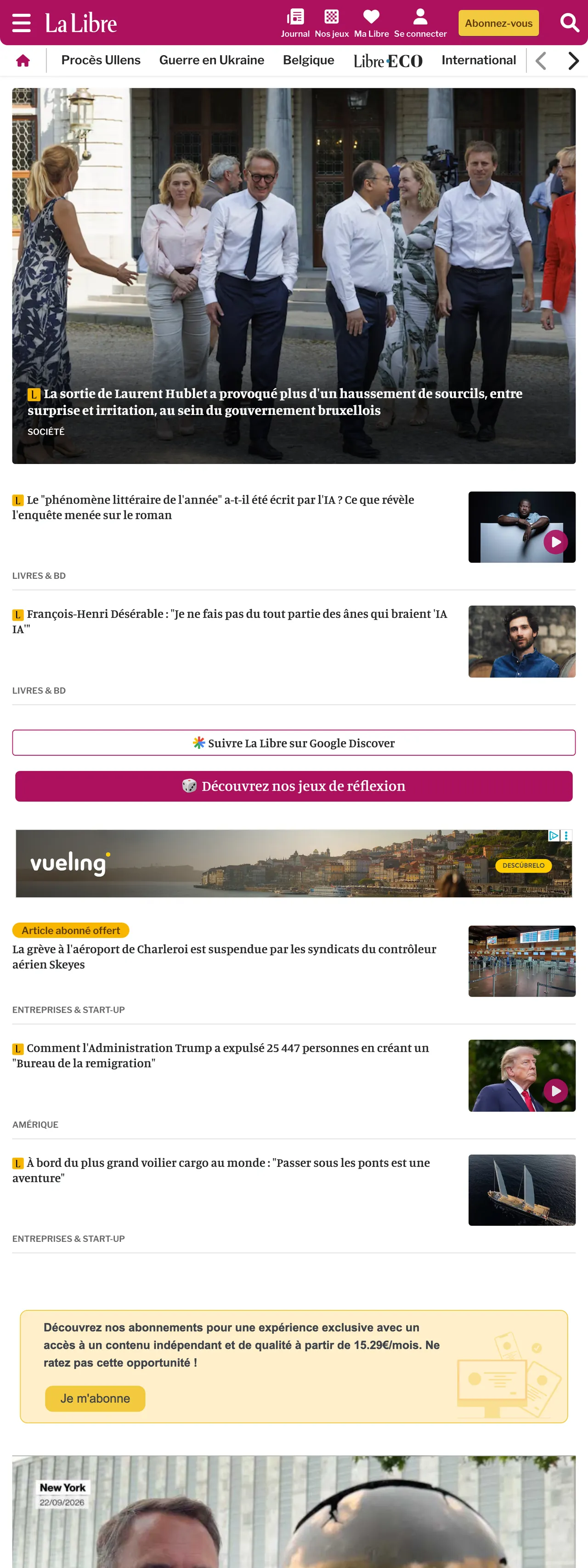 Screenshot of the La Libre front page