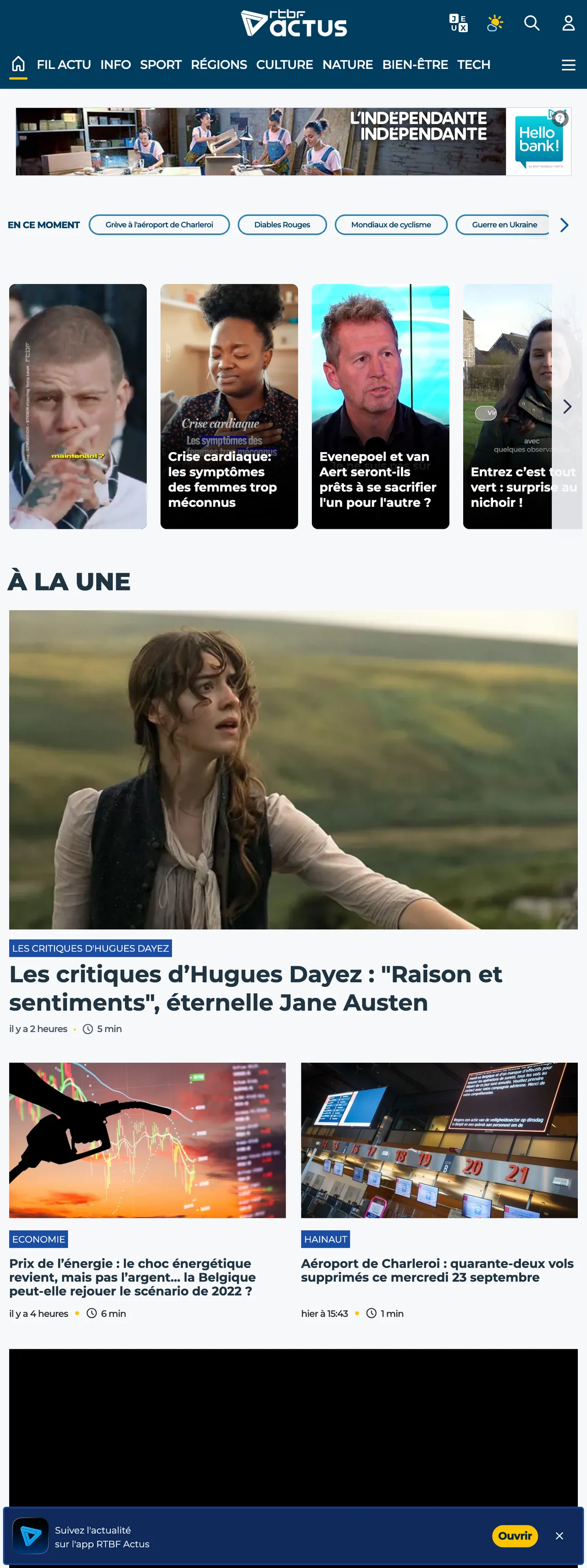 Screenshot of the RTBF front page