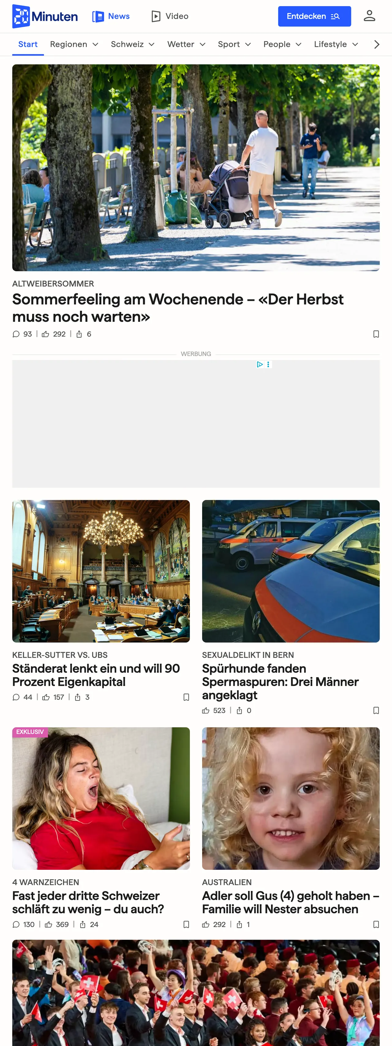 Screenshot of the 20 Minuten front page