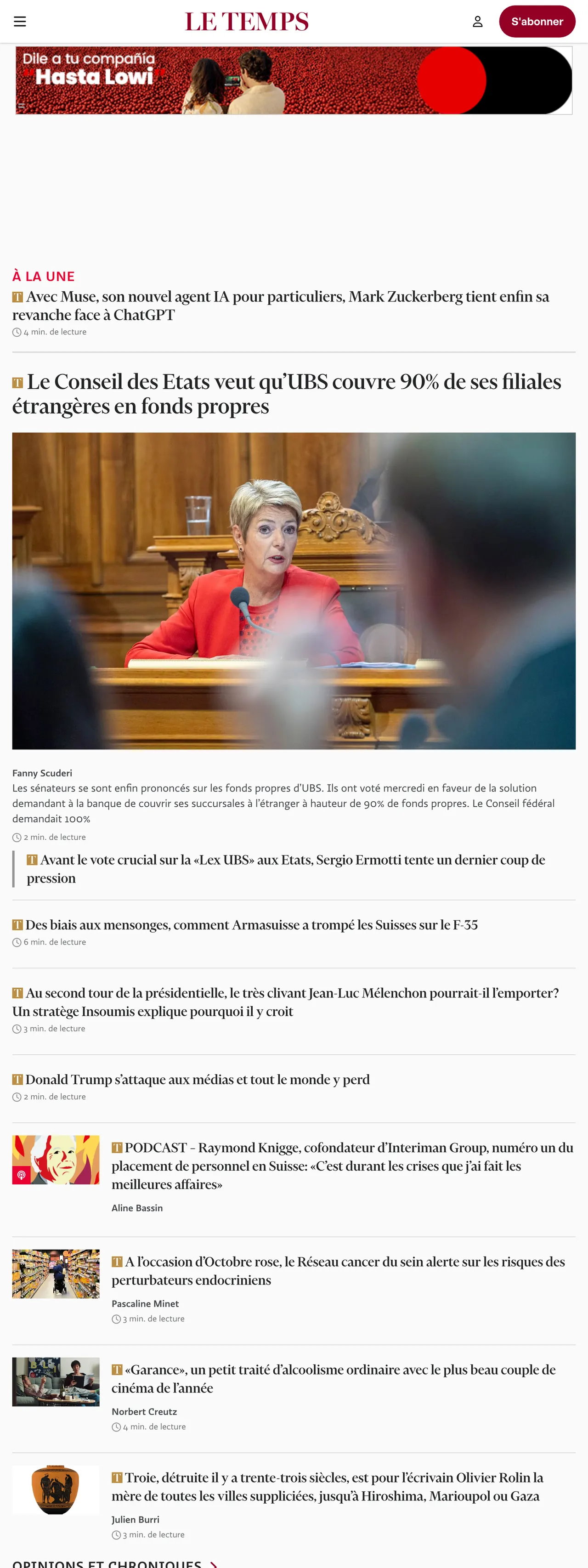 Screenshot of the Le Temps front page