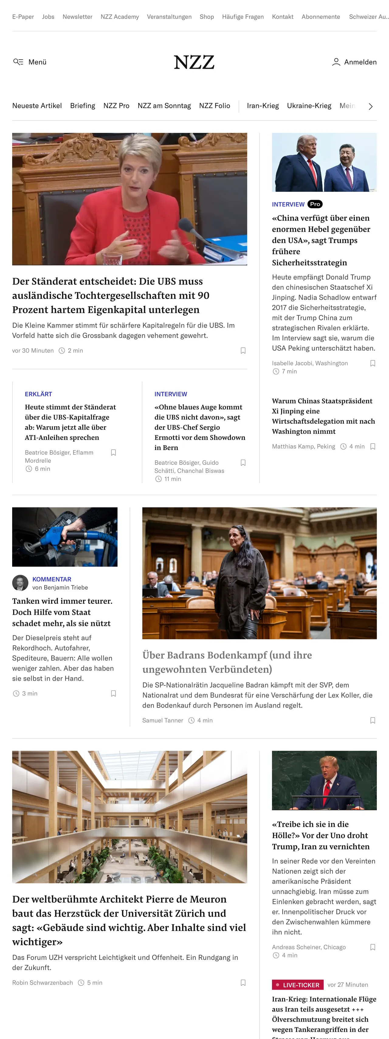 Screenshot of the Neue Zürcher Zeitung front page