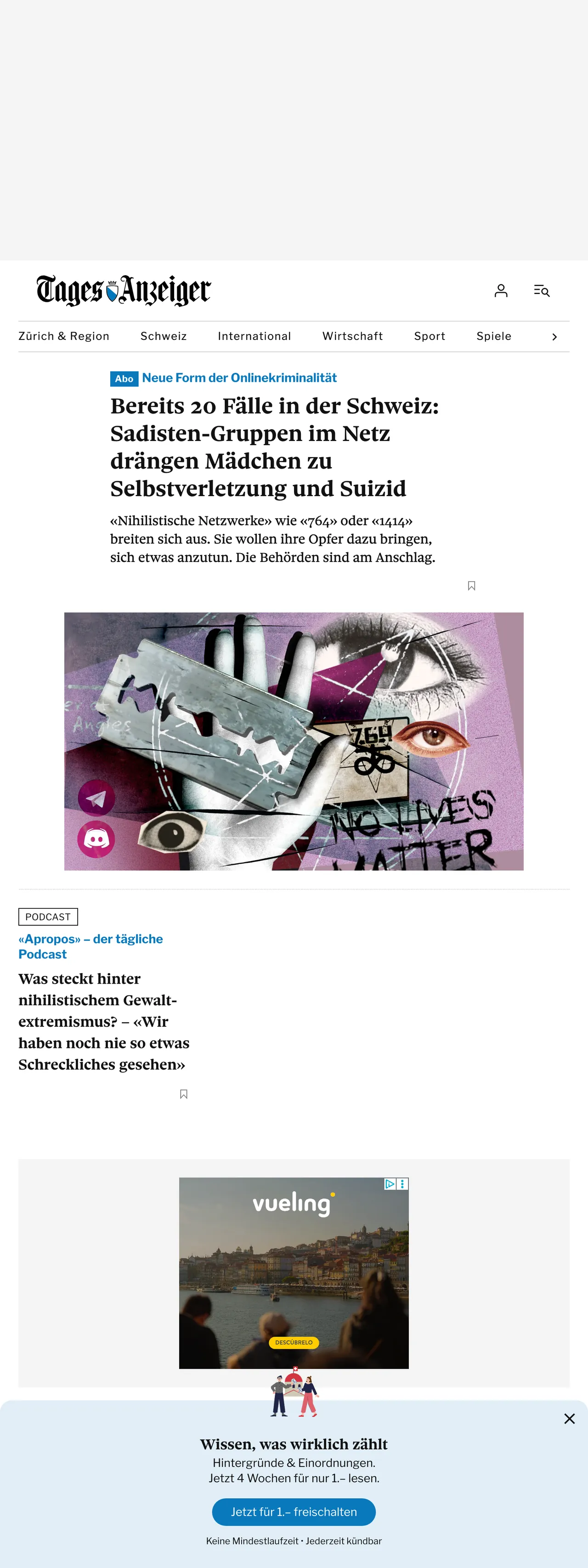 Screenshot of the Tages-Anzeiger front page