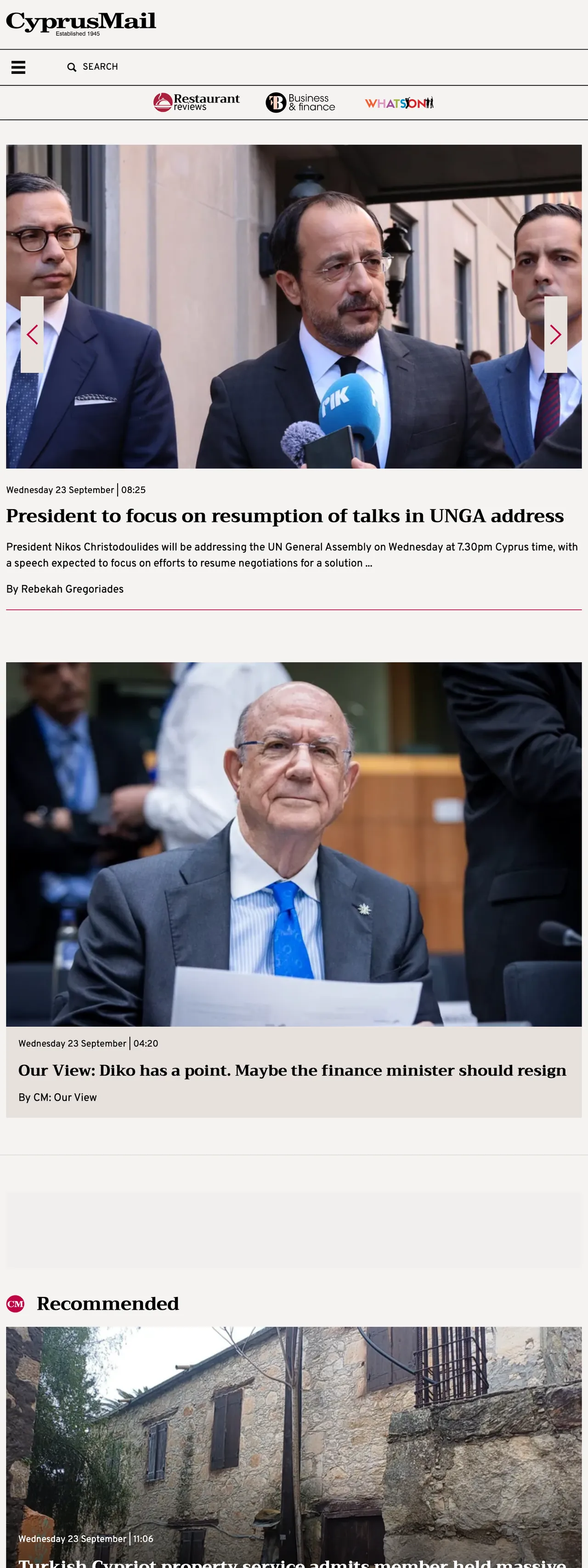 Screenshot of the Cyprus Mail front page