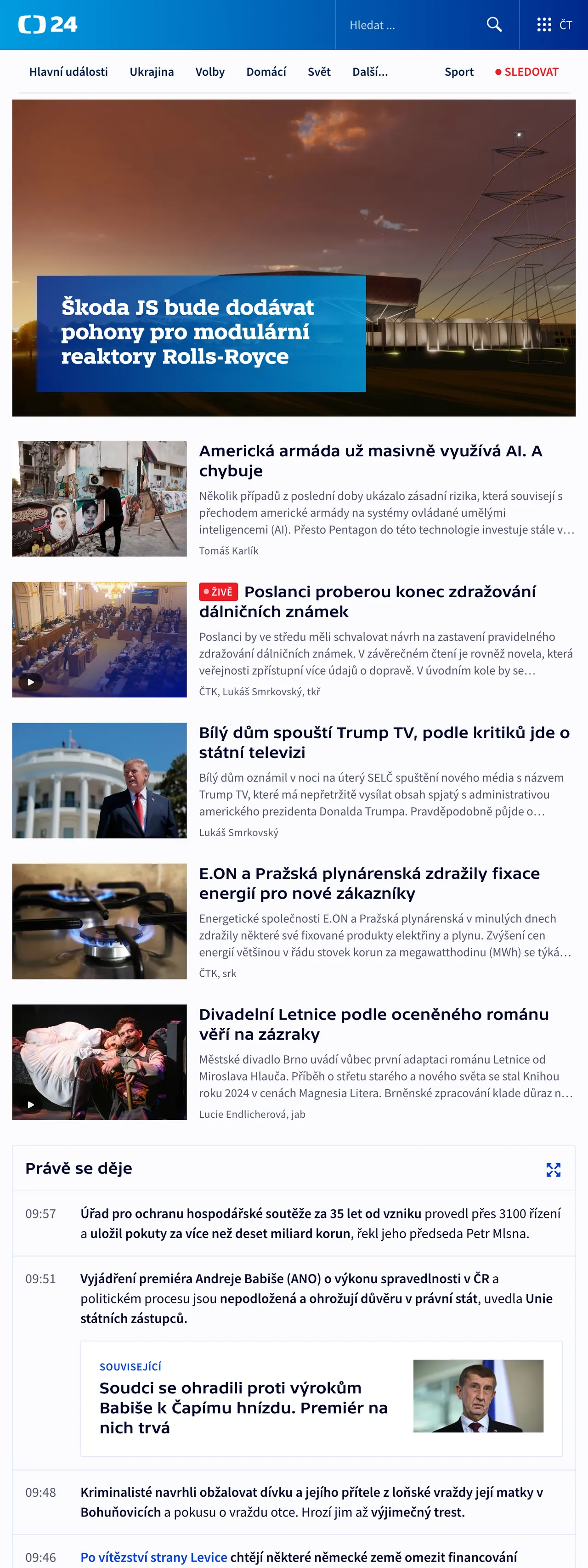 Screenshot of the ČT24 front page