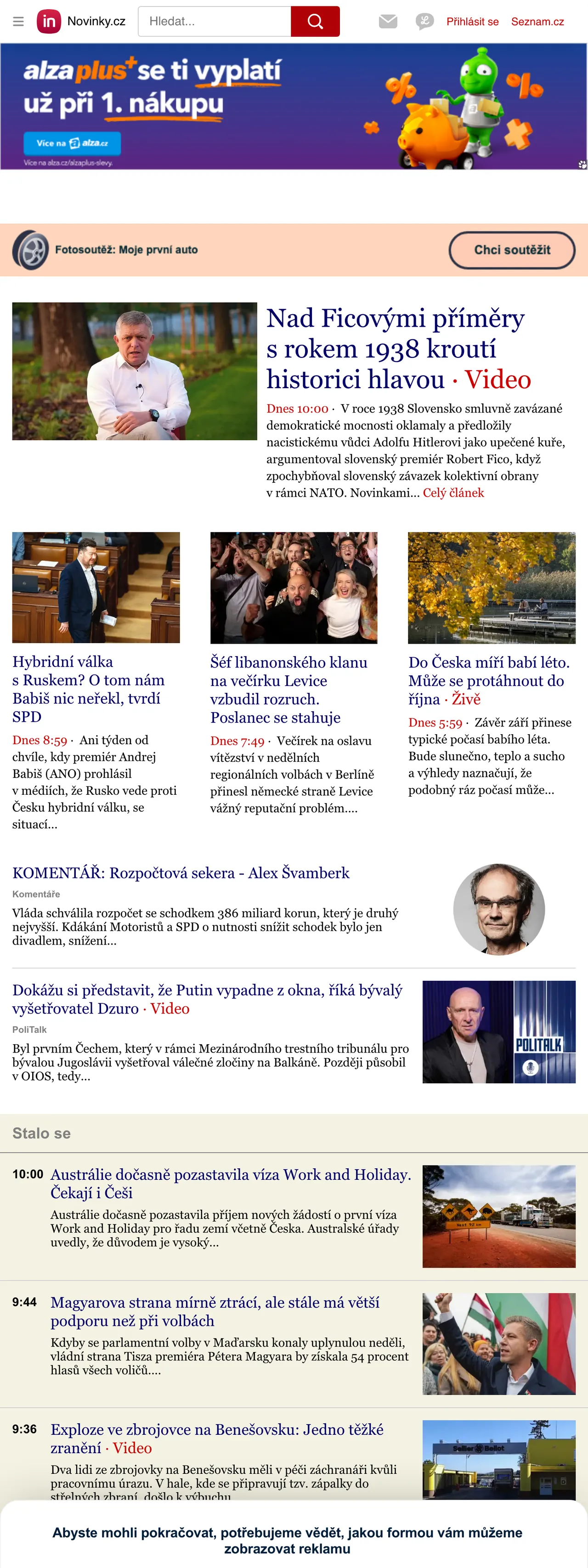 Screenshot of the Novinky.cz front page