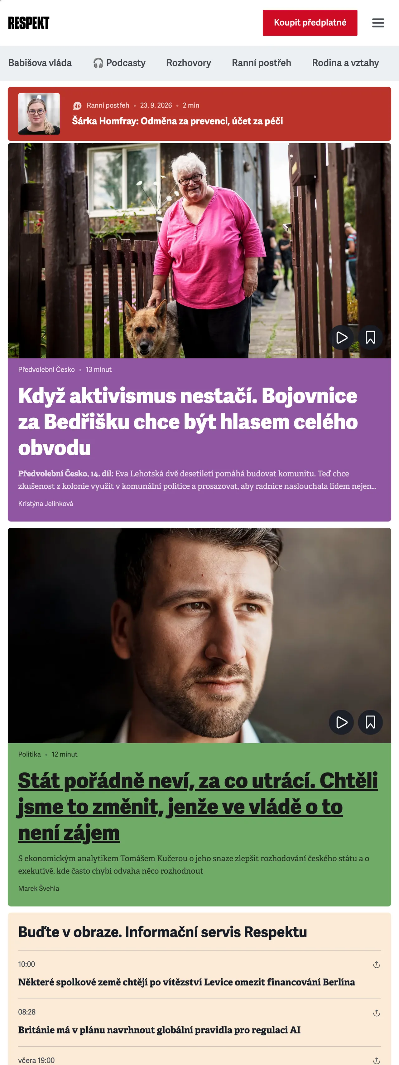 Screenshot of the Respekt front page