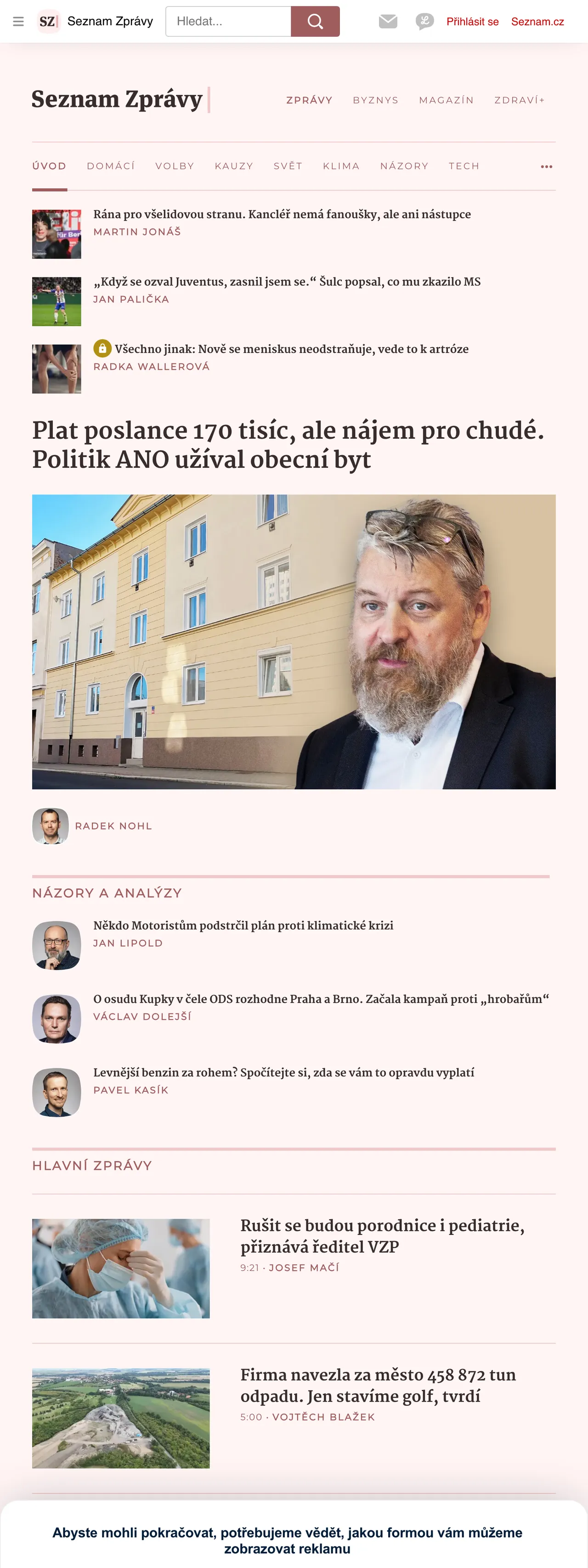 Screenshot of the Seznam Zprávy front page