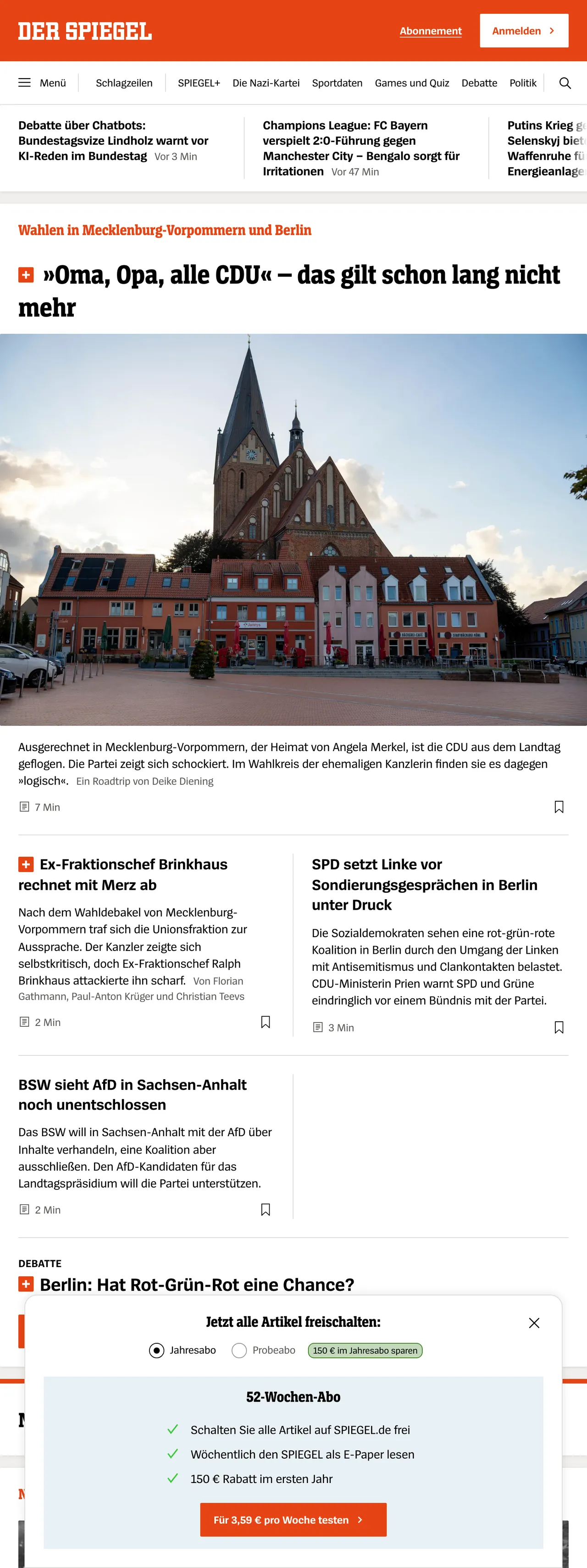 Screenshot of the DER SPIEGEL front page