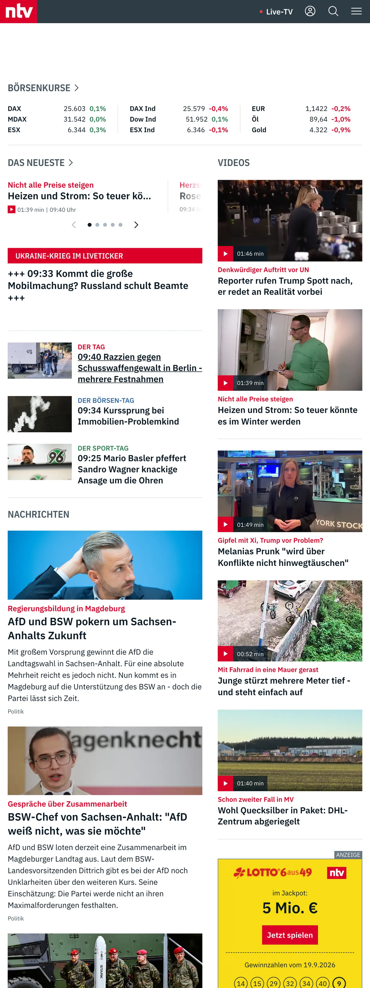 Screenshot of the n-tv front page