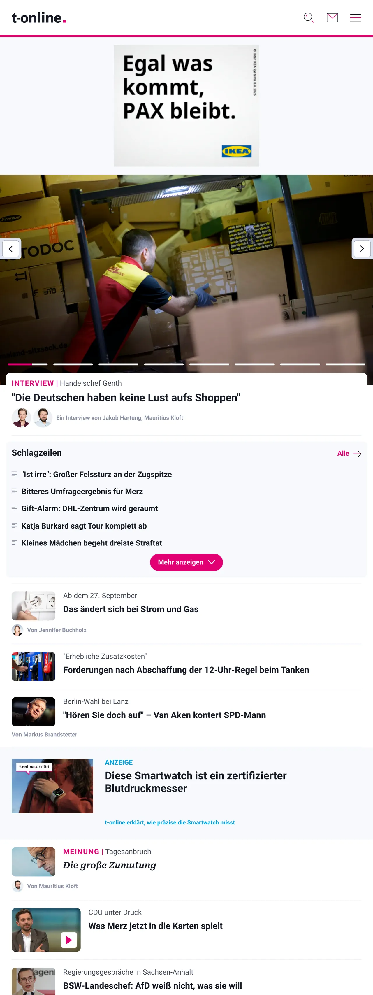 Screenshot of the t-online front page