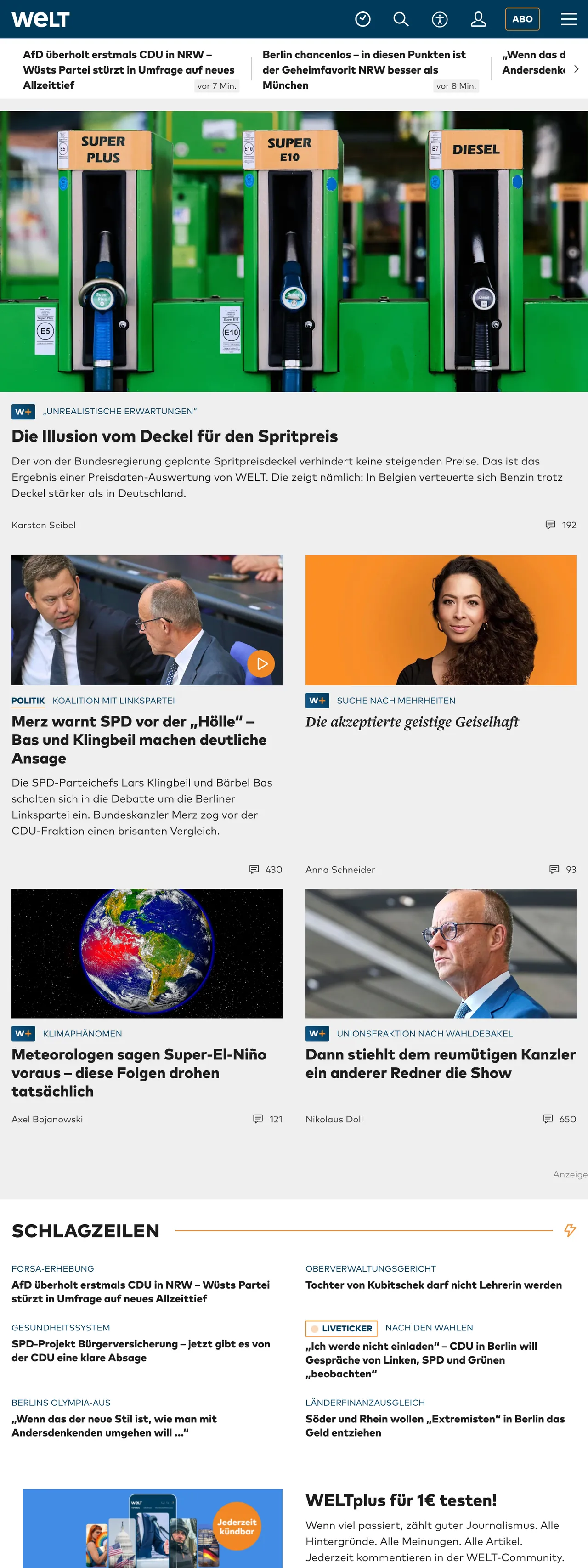 Screenshot of the WELT front page