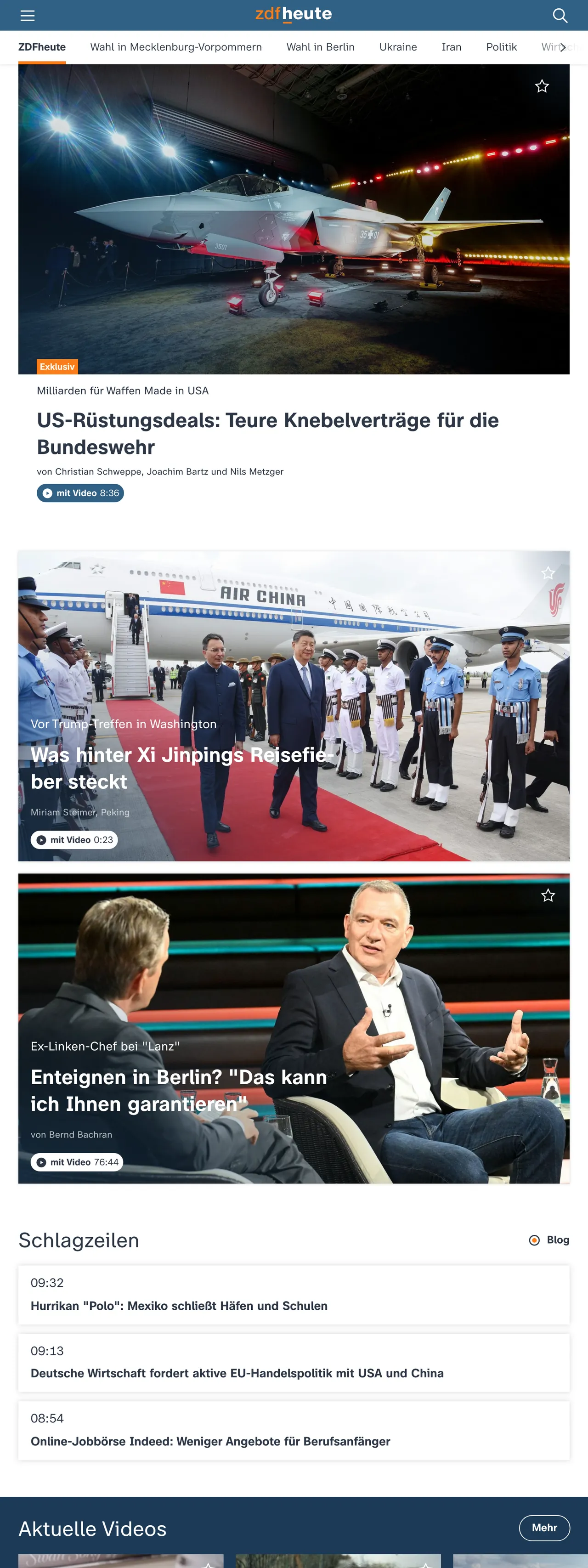 Screenshot of the ZDFheute front page