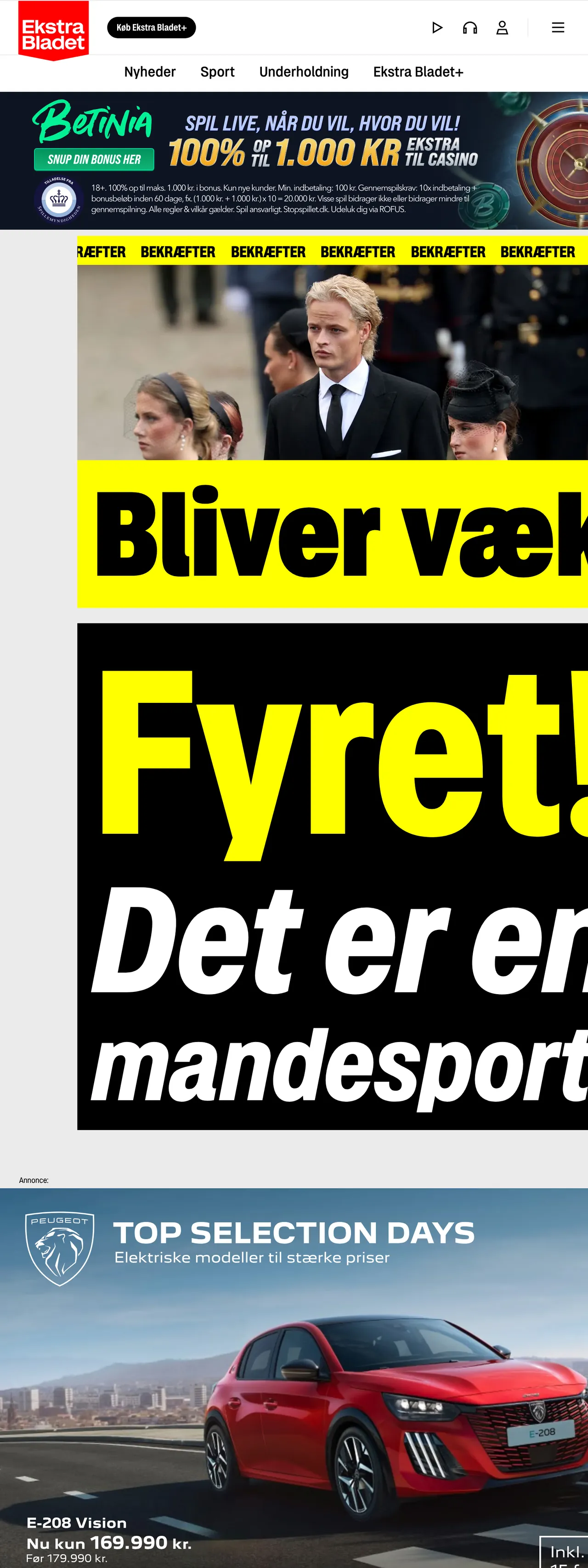 Screenshot of the Ekstra Bladet front page