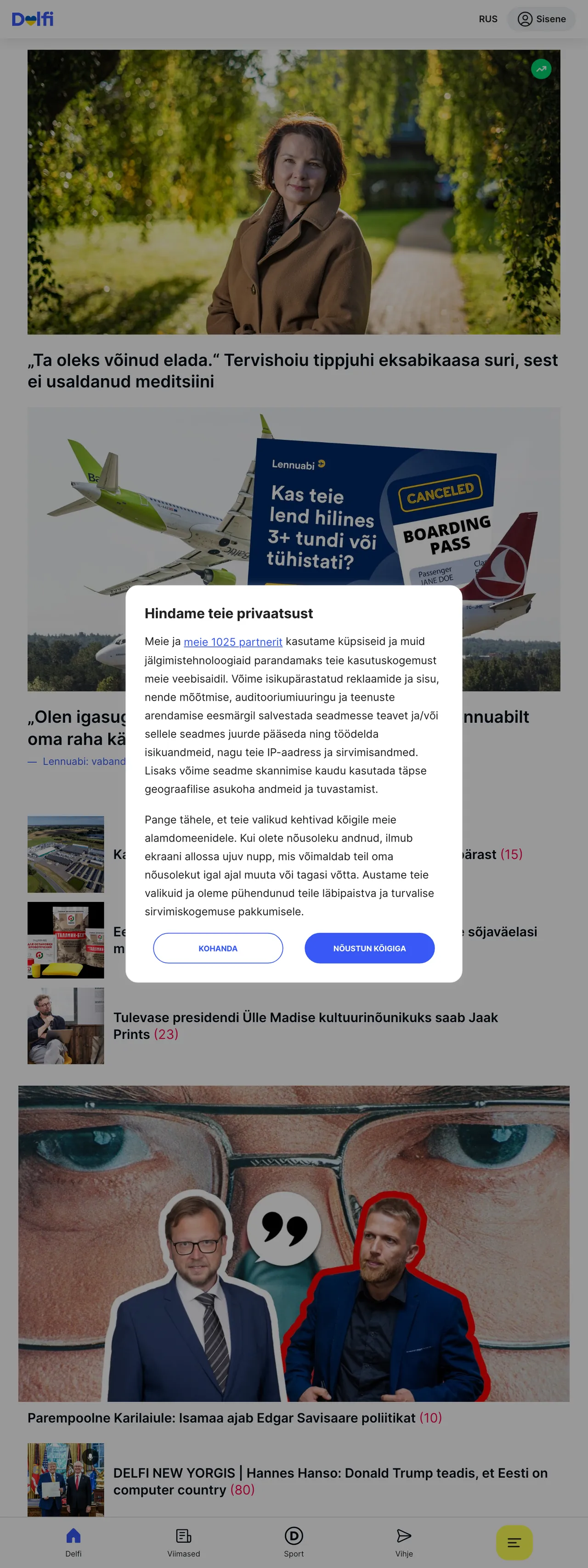 Screenshot of the Delfi front page
