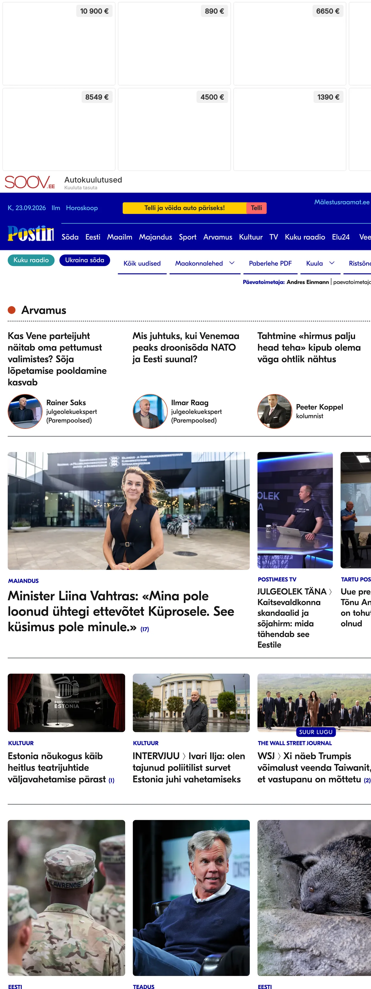 Screenshot of the Postimees front page