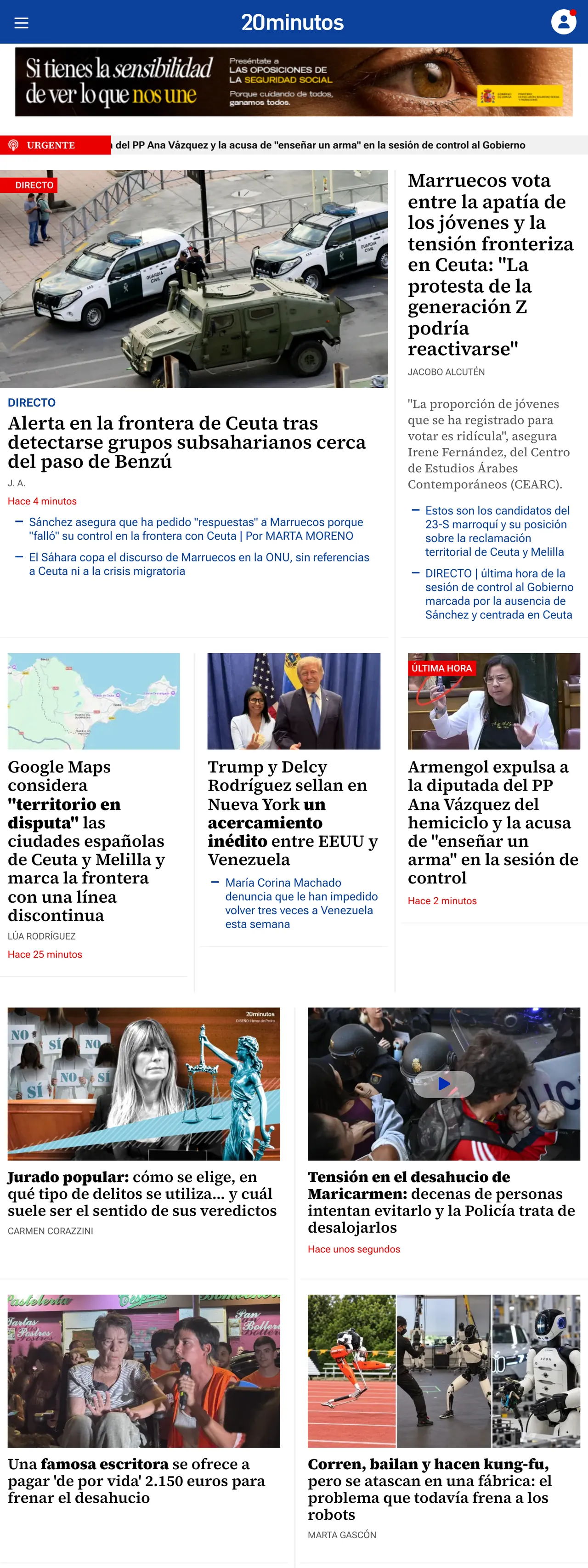 Screenshot of the 20minutos front page