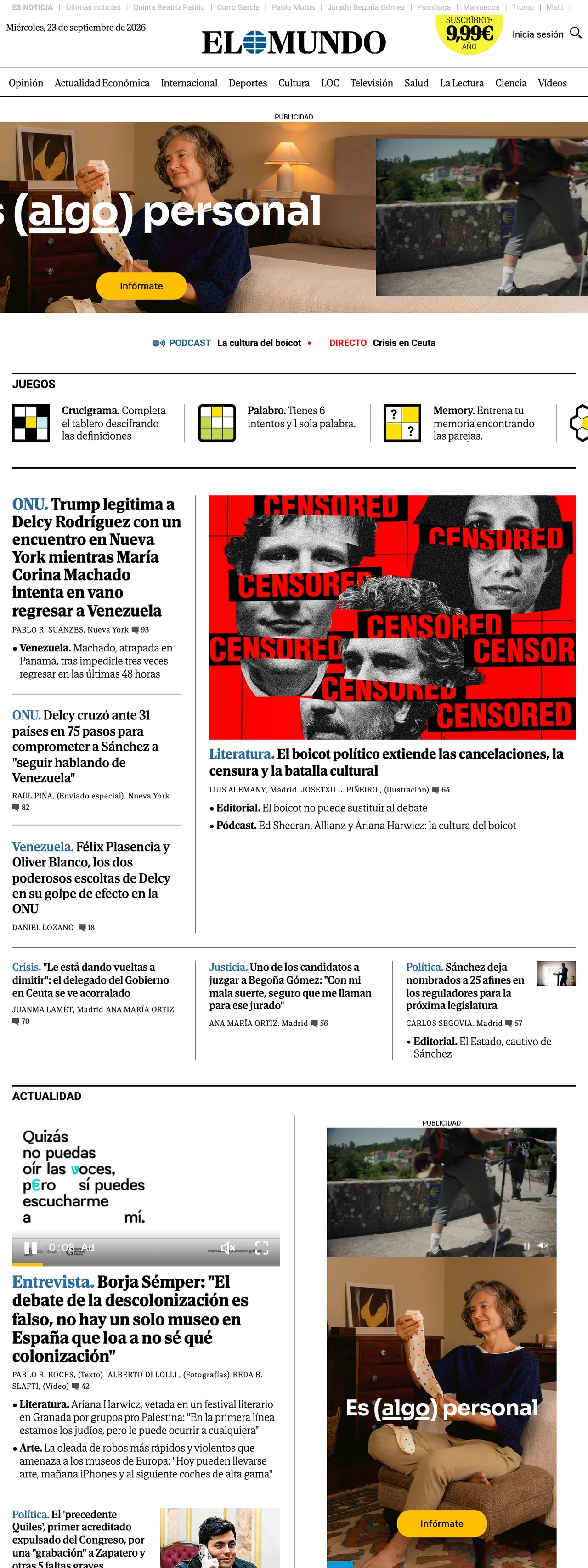 Screenshot of the El Mundo front page