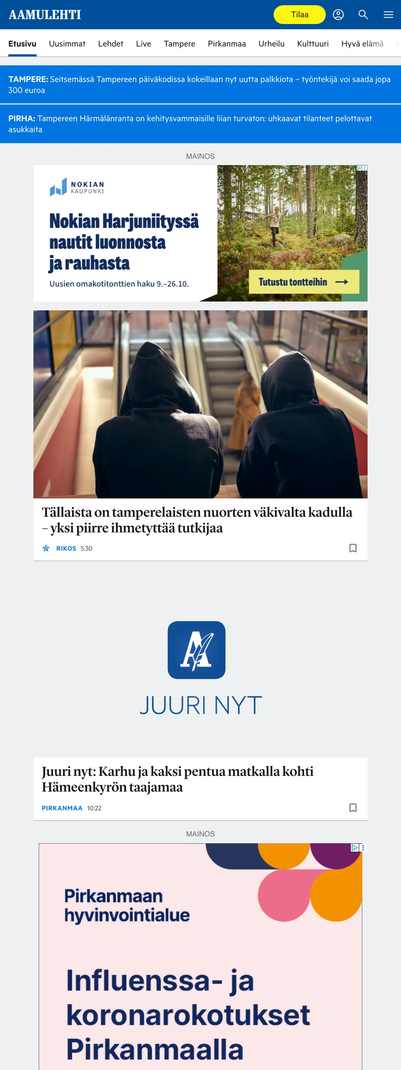 Screenshot of the Aamulehti front page