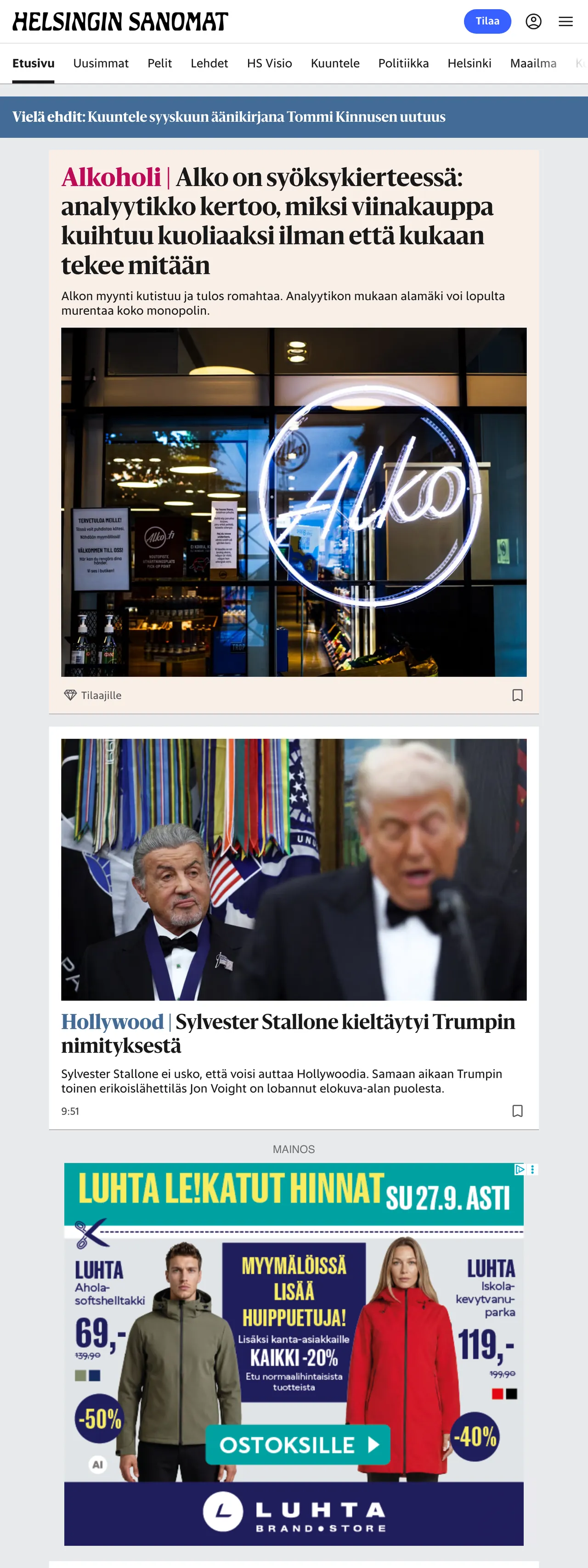 Screenshot of the Helsingin Sanomat front page