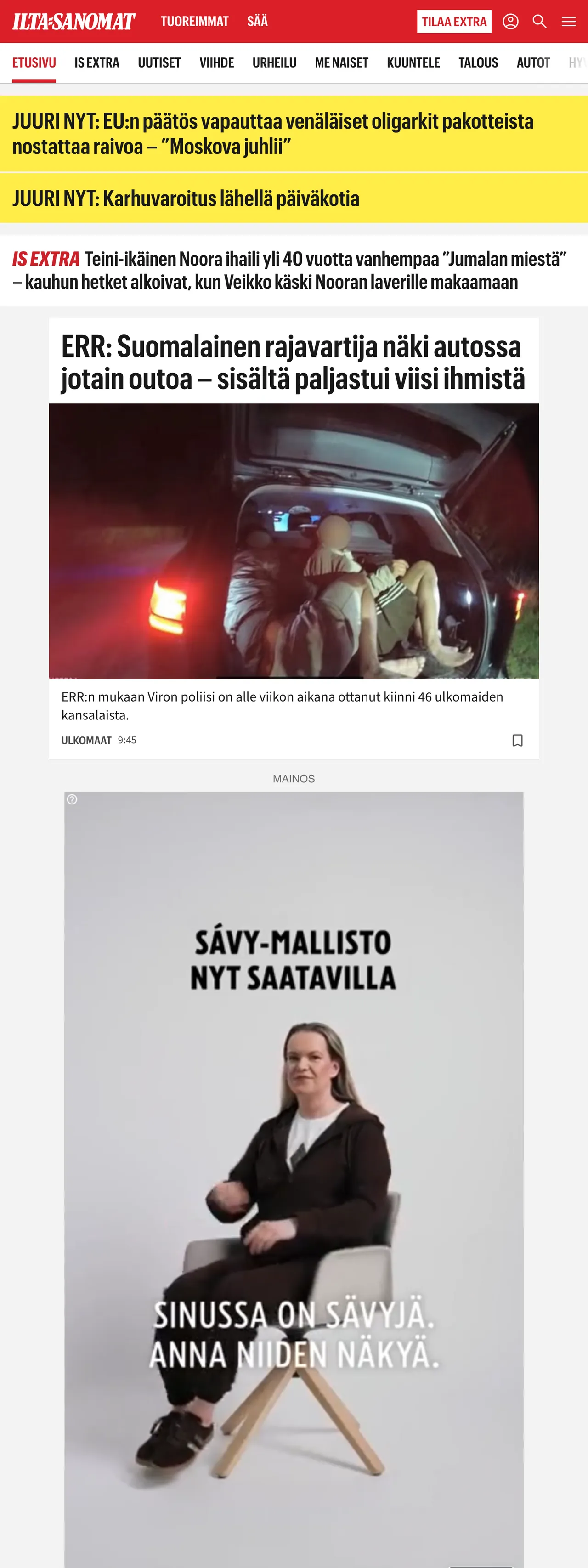 Screenshot of the Ilta-Sanomat front page