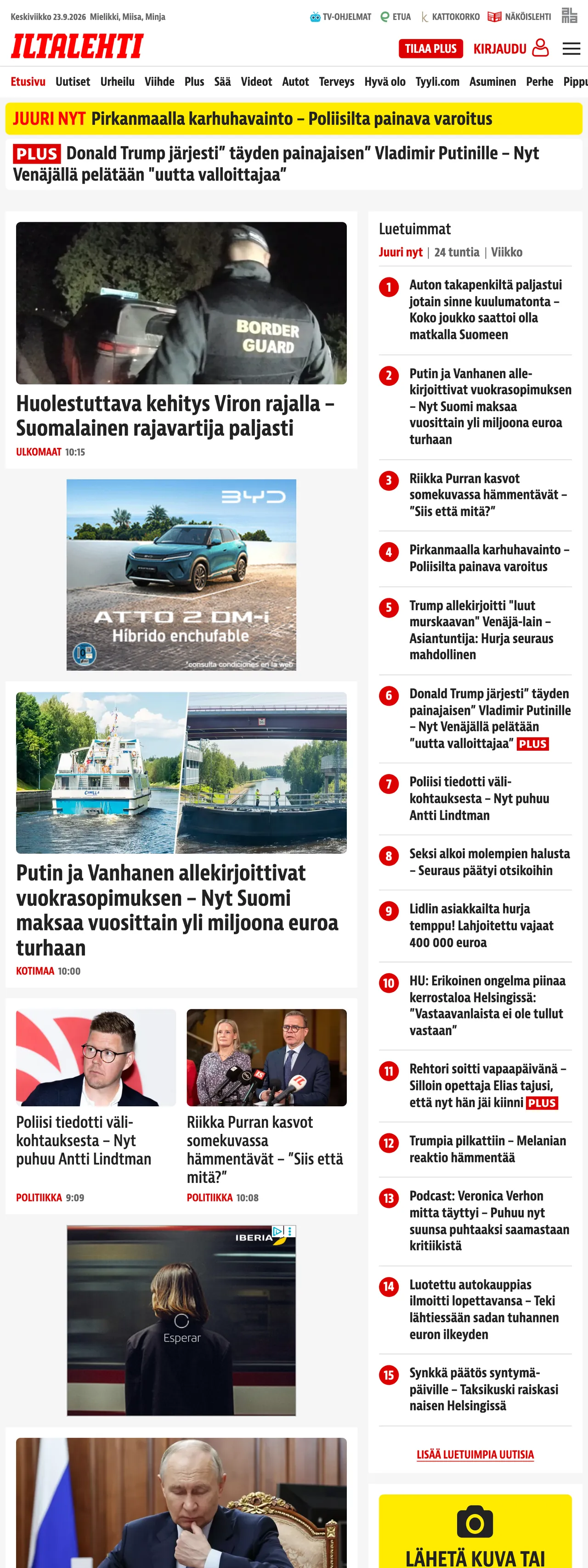 Screenshot of the Iltalehti front page
