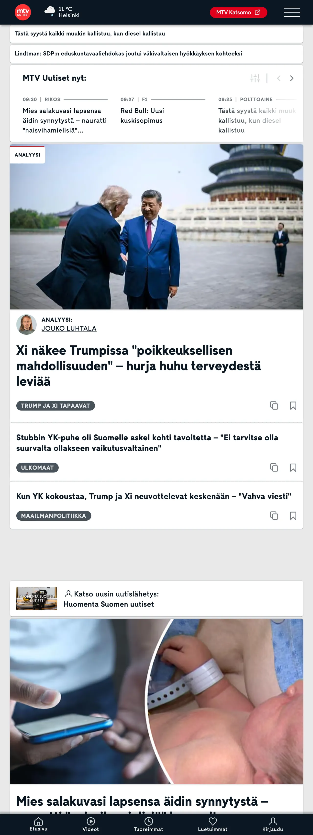Screenshot of the MTV Uutiset front page