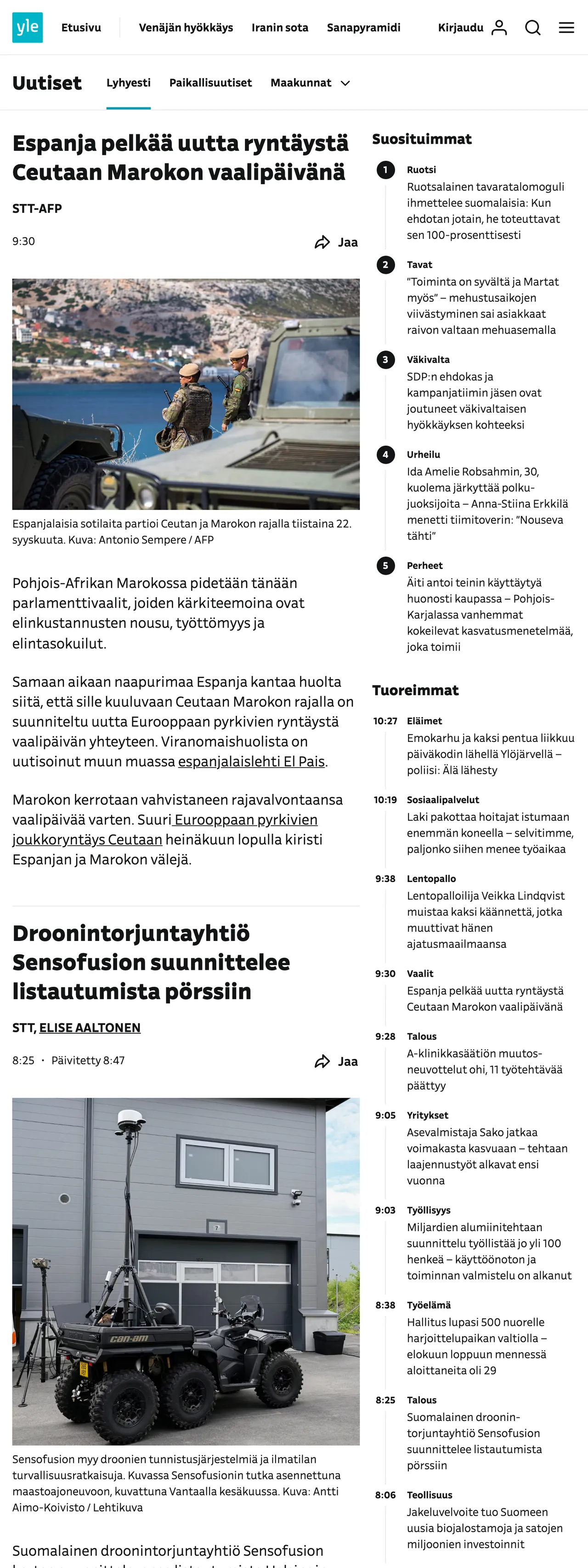 Screenshot of the Yle front page