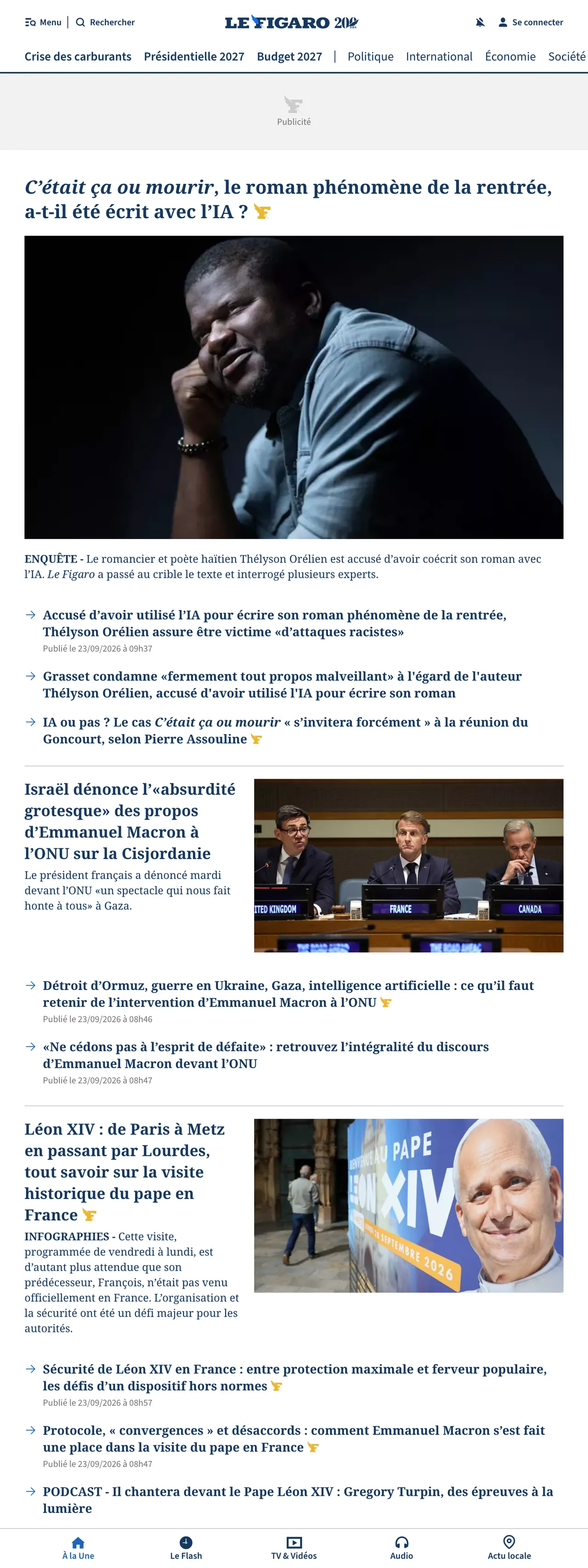 Screenshot of the Le Figaro front page