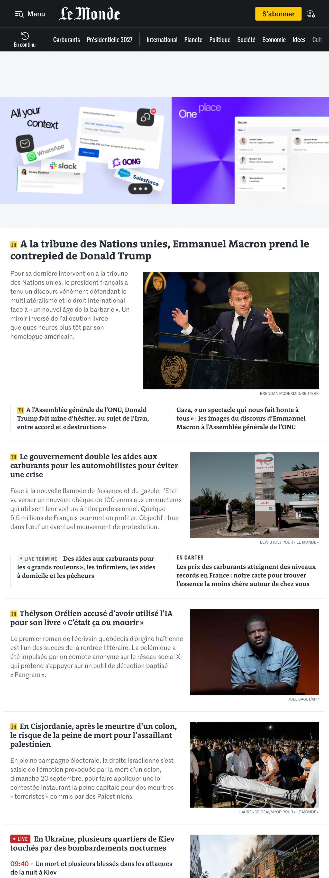 Screenshot of the Le Monde front page