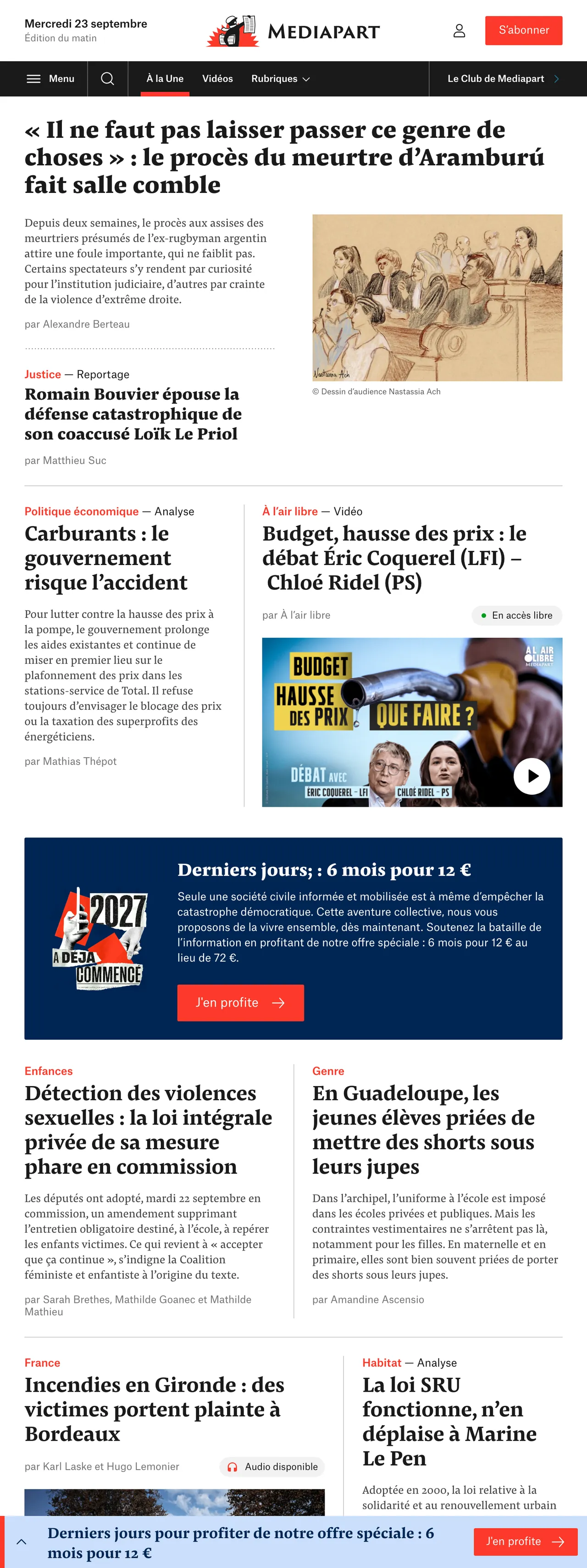 Screenshot of the Mediapart front page