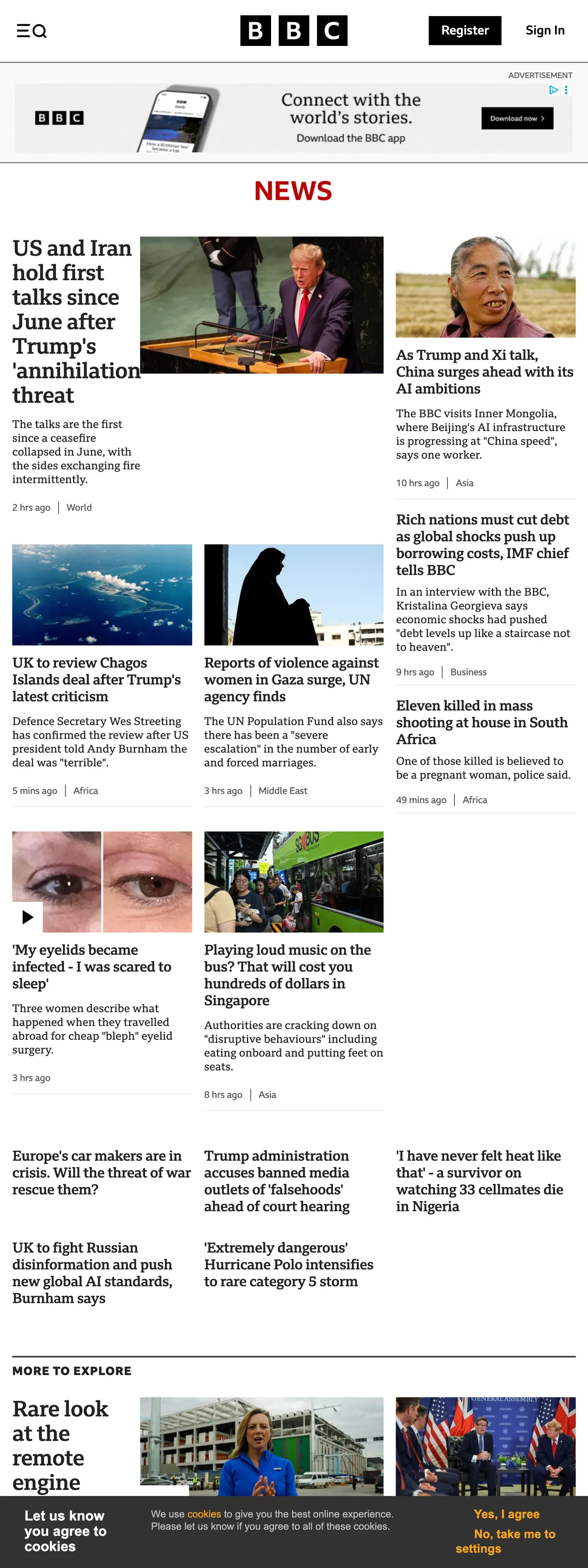 Screenshot of the BBC News front page