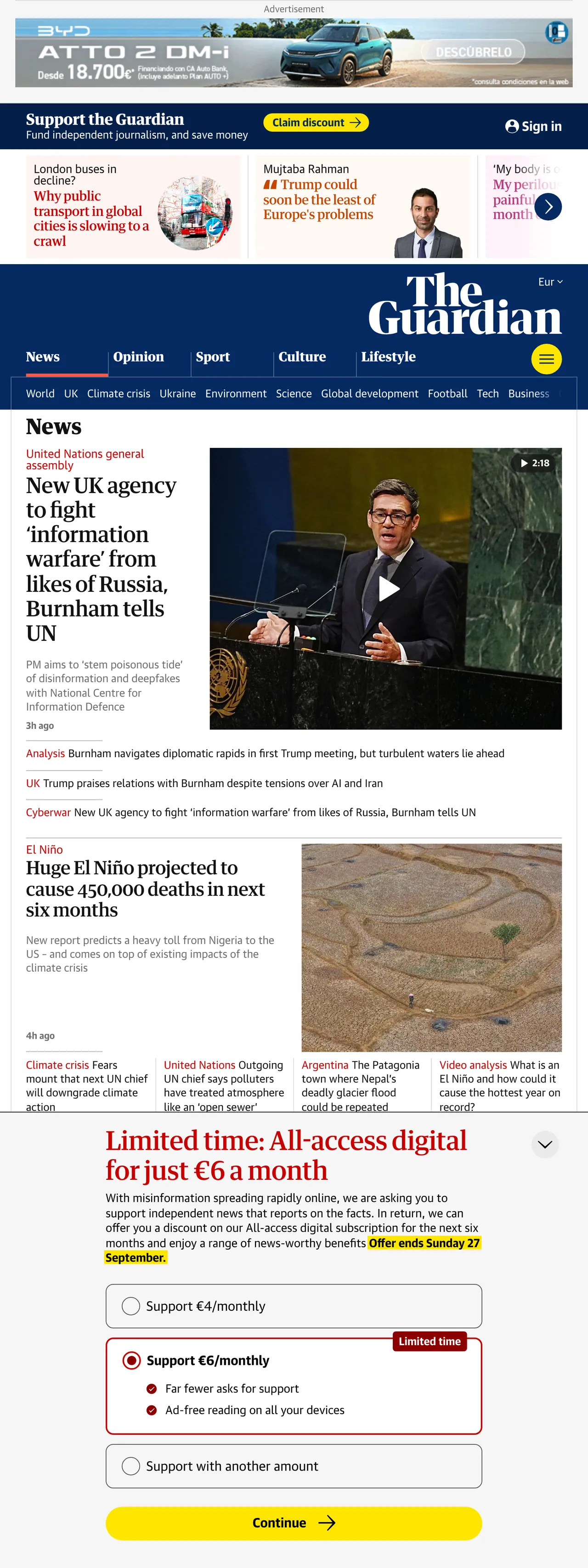 Screenshot of the The Guardian front page