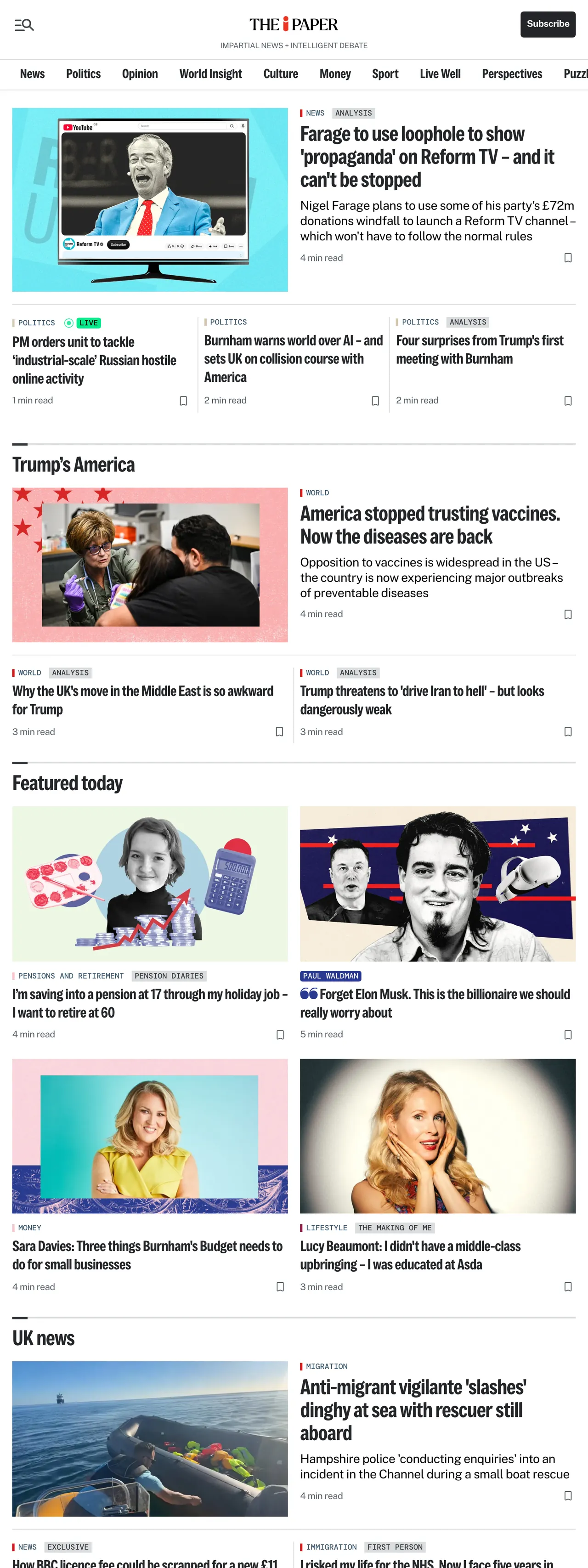 Screenshot of the The i Paper front page