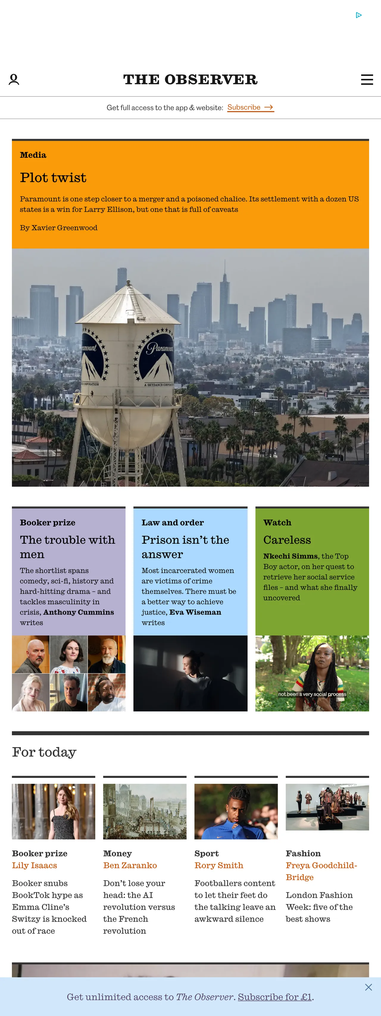 Screenshot of the The Observer front page