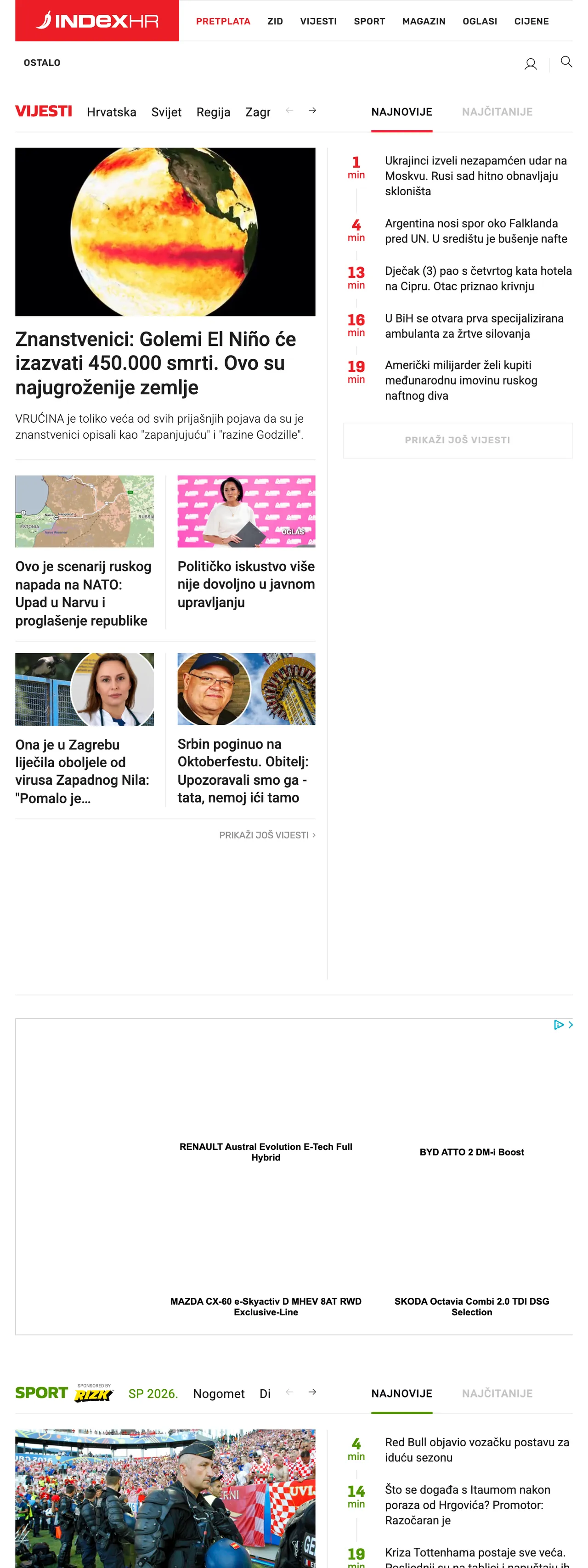 Screenshot of the Index.hr front page