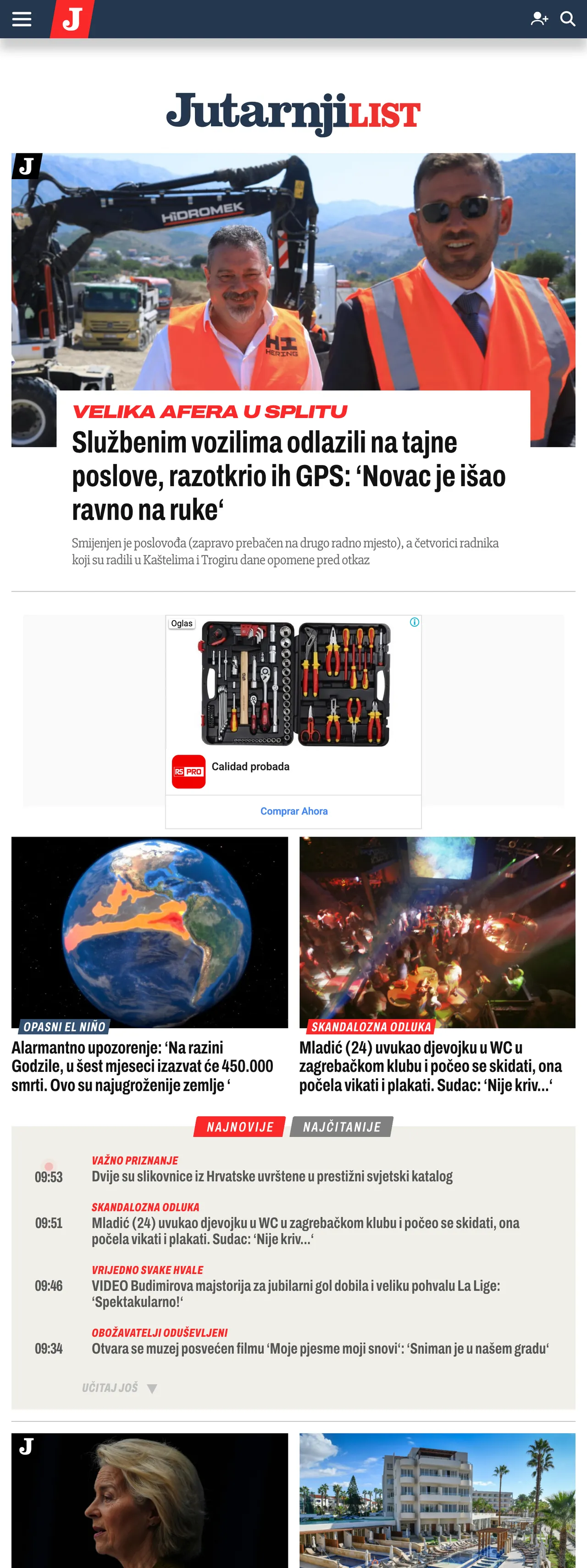 Screenshot of the Jutarnji list front page