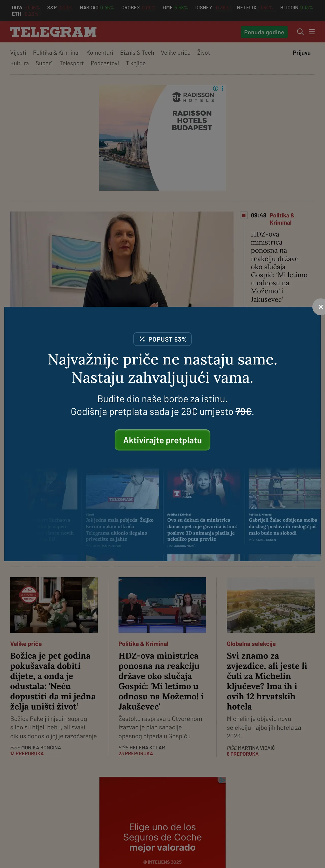 Screenshot of the Telegram.hr front page