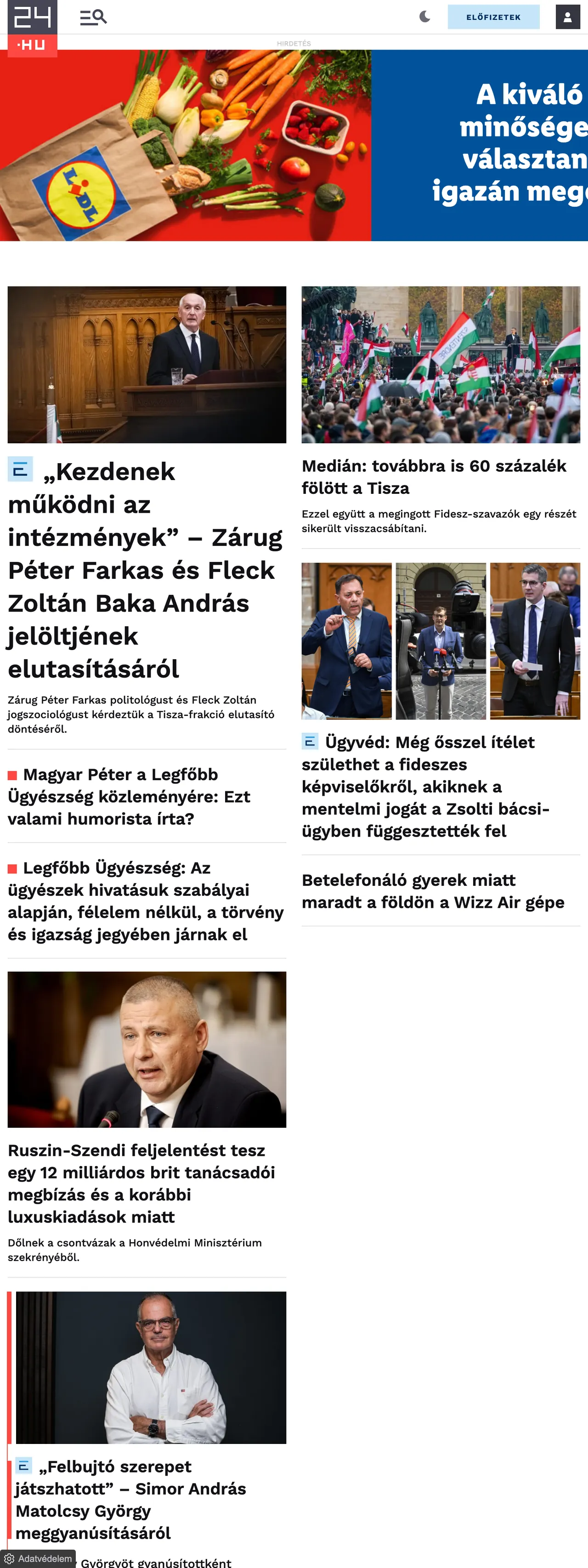 Screenshot of the 24.hu front page