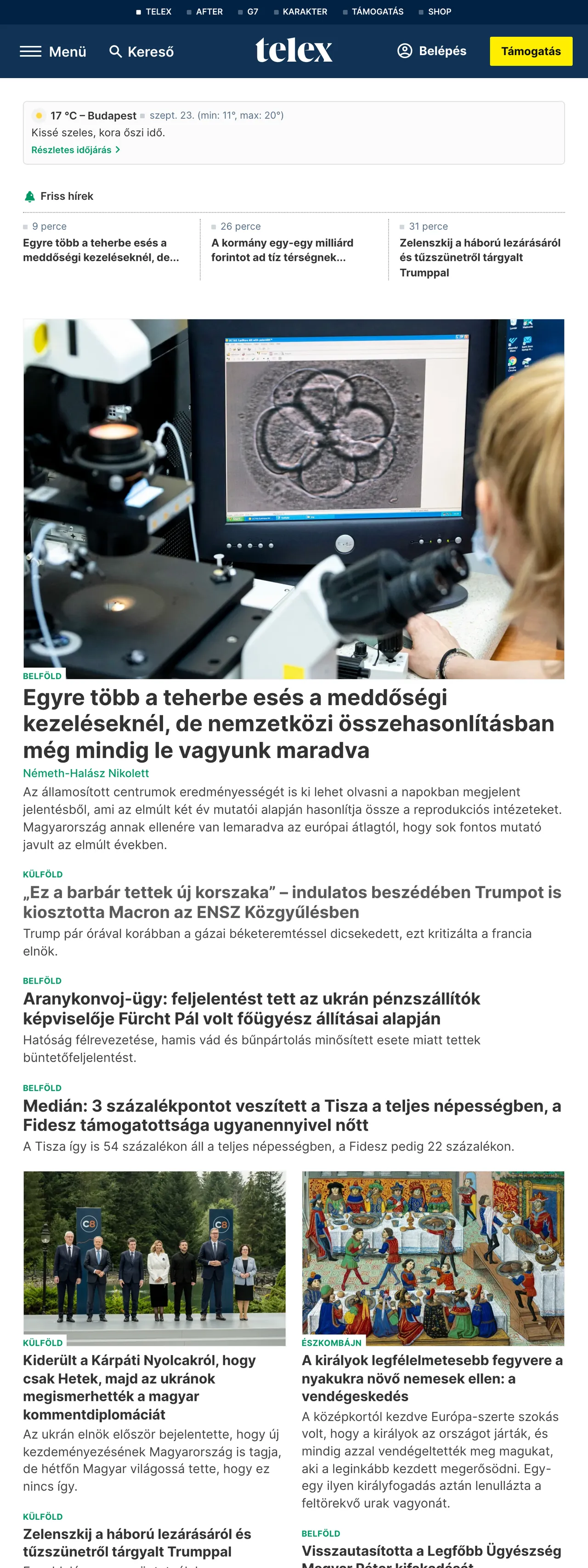 Screenshot of the Telex front page