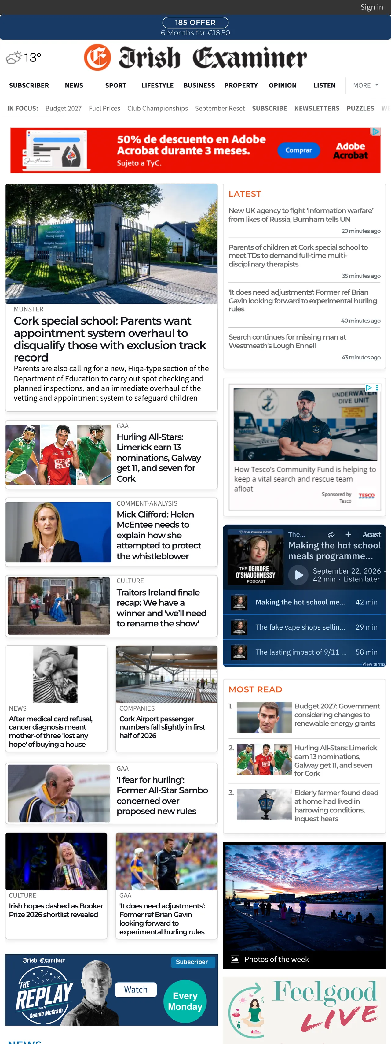 Screenshot of the Irish Examiner front page