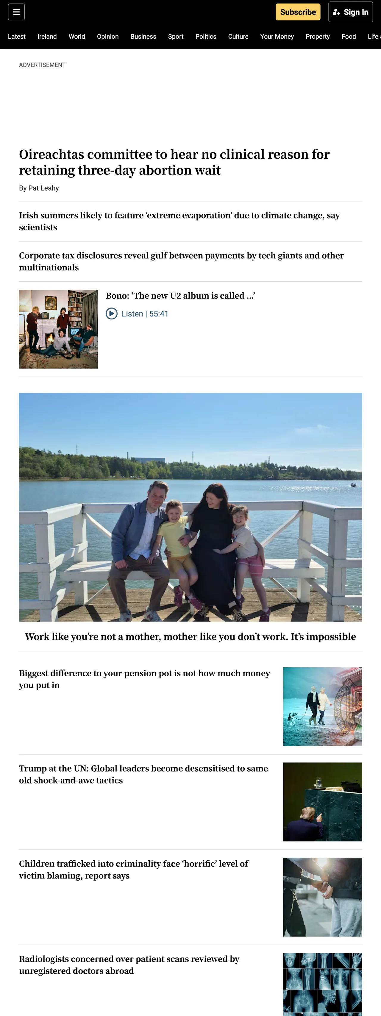Screenshot of the The Irish Times front page